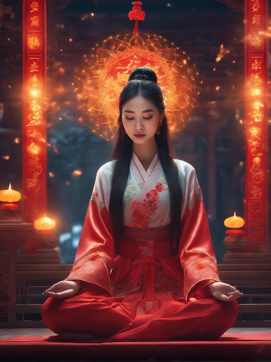 A Chinese girl,Meditate cross-legged, at centre,Very bright colors, Light particles, with light glowing, Mshiv, wallpaper art, UHD wallpaper