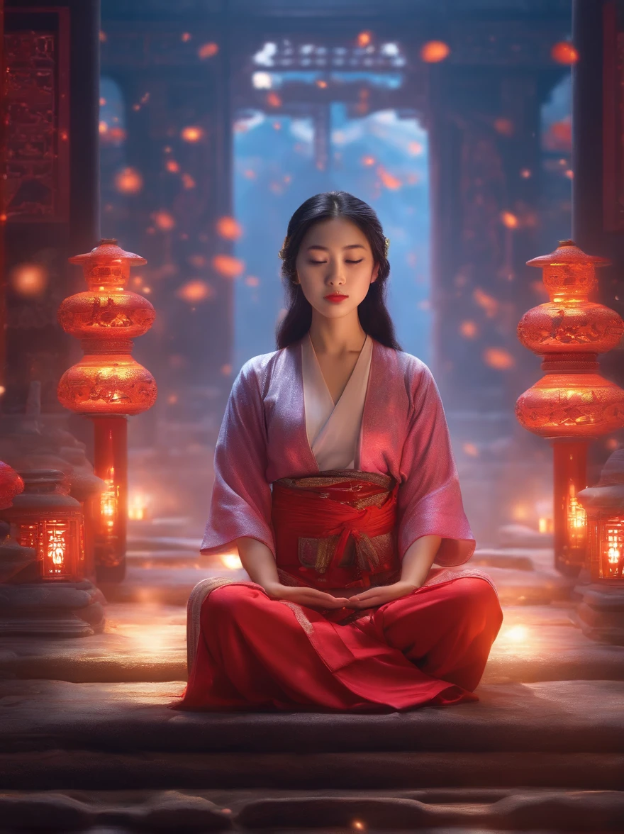 A Chinese girl,Meditate cross-legged, at centre,Very bright colors, Light particles, with light glowing, Mshiv, wallpaper art, UHD wallpaper