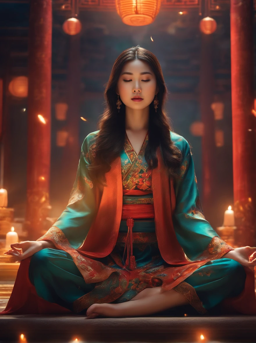 A Chinese girl,Meditate cross-legged, at centre,Very bright colors, Light particles, with light glowing, Mshiv, wallpaper art, UHD wallpaper