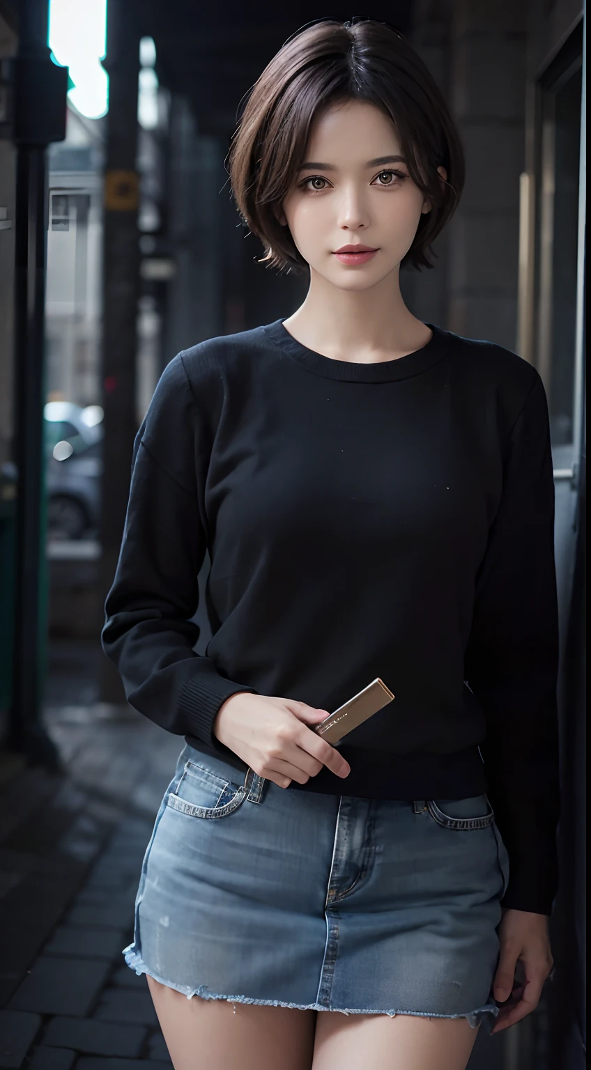 Short length、longsl-sleeves sweater、Denim miniskirt、frontage、is standing、(masuter piece:1.3)、(8k、Photorealsitic、RAW Photography、top-quality: 1.4)、(1girl)、beautiful countenance、(lifelike face)、(A dark-haired、short-hair:1.3)、Beautiful hairstyle、realisticeyes、Beautiful details、（real looking skin）、Beautiful skins、（Sweaters）、absurderes、enticing、超A high resolution、A hyper-realistic、high-detail、the golden ratio