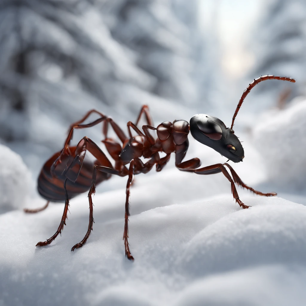 an ant in snowy forest