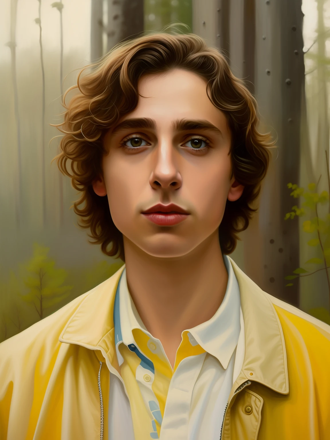 Generate a hyper-realistic digital painting inspired by actor Timothy Chalamet with a serious countenance. A pintura deve representar um jovem com cabelos curtos castanhos e cacheados, vestindo um casaco. Ele deve ser mostrado imerso na beleza de uma floresta. The style of the painting should resemble that of Simon Stålenhag and Casey Weldon, with an exceptional level of detail. Use the oil-on-panel technique. Make sure the boy's realistic self-portrait captures the essence of hyperrealism and realistic illustrative painting. Pay close attention to the details of the 's face to get a photorealistic result.