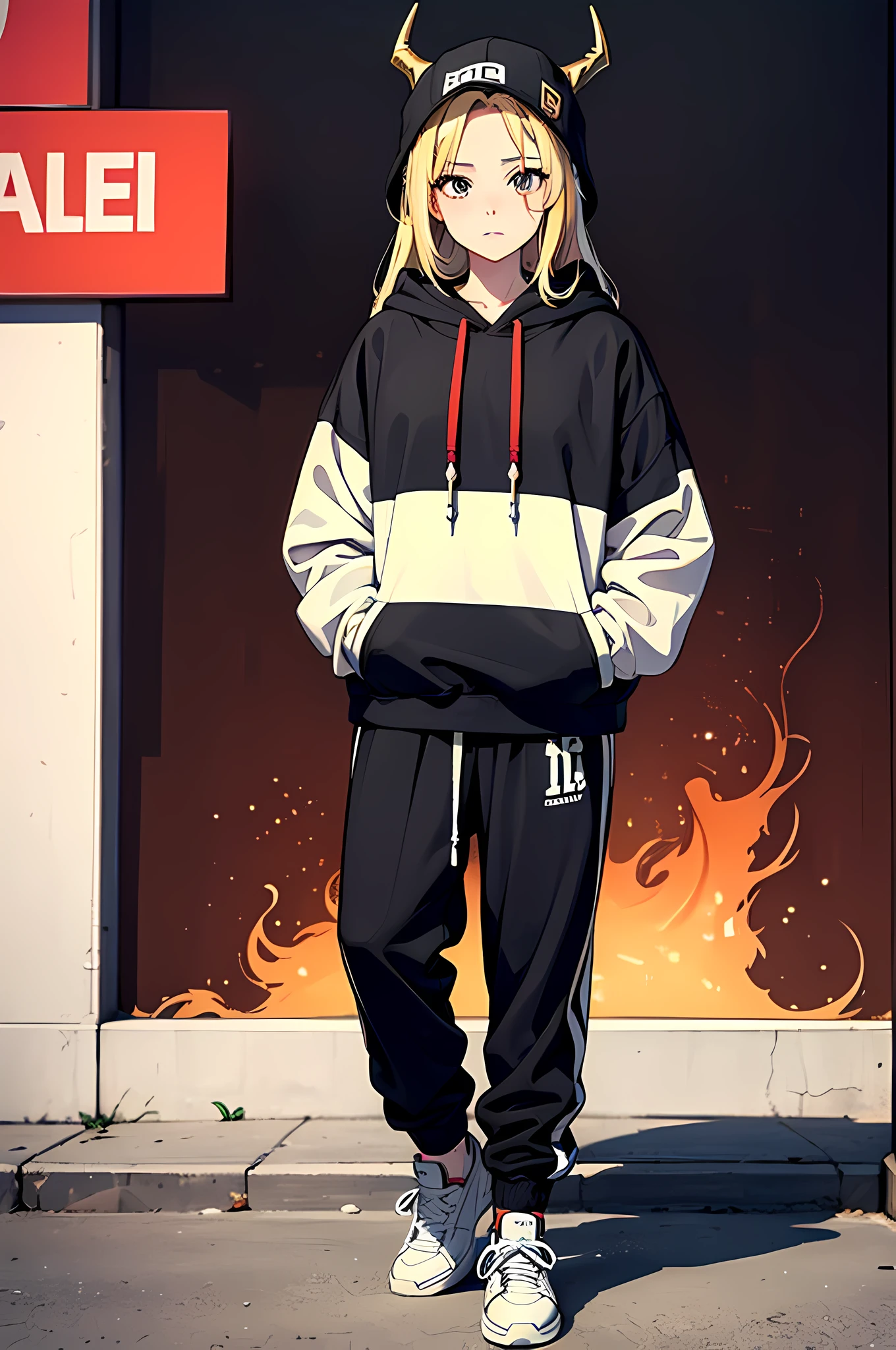 best quality,masterpiece,original,extremely detailed wallpaper,anime style,looking at viewer,1girl,solo,blonde hair,long hair,straight hair,forehead,multicolored hoodie,horns on bucket hat,black jogger pants,white sneakers,