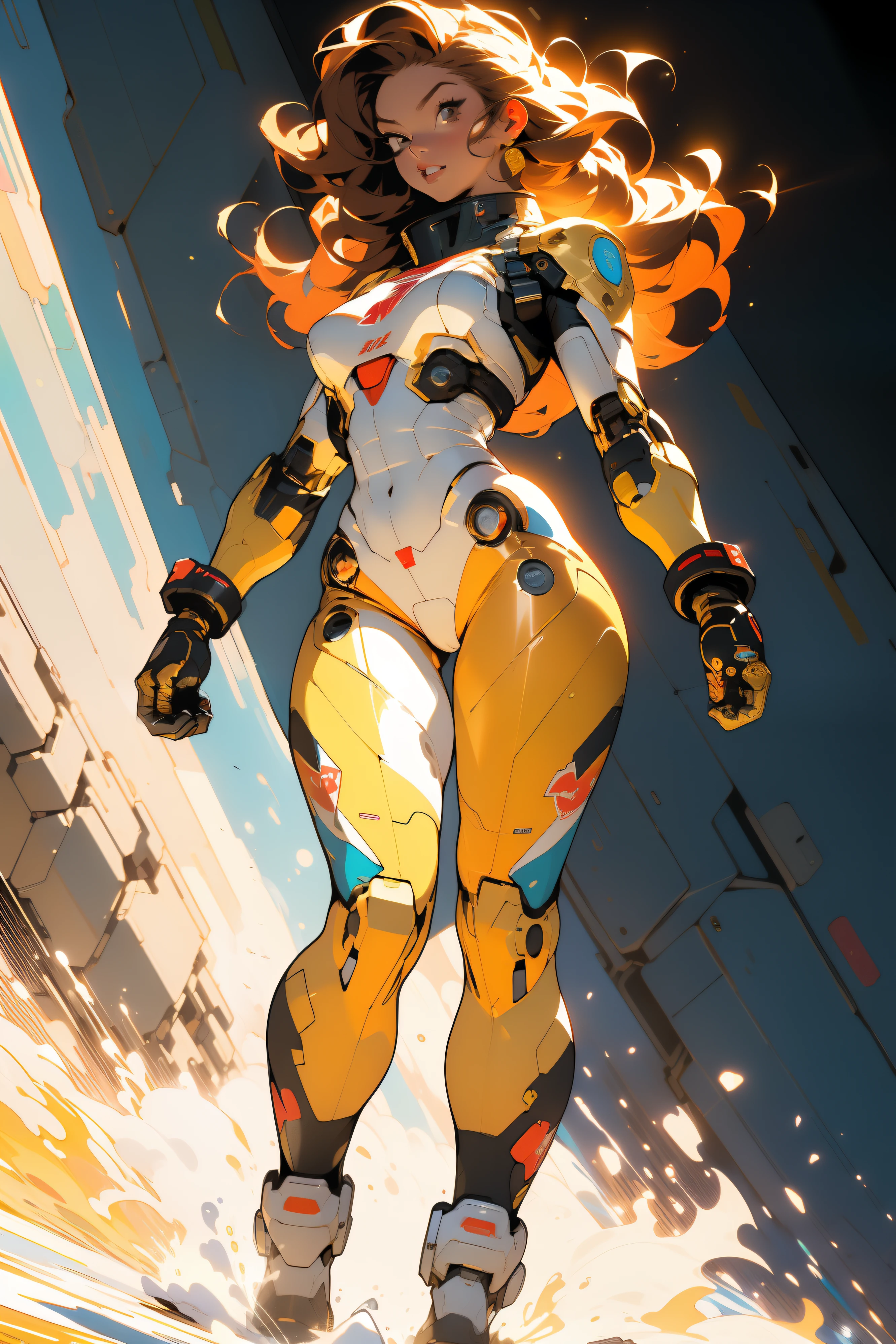((Best quality)), ((masterpiece)), (detailed: 1.4), (Absurd), (((full body)), (((woman))), 35-year-old woman, Beautiful fit woman, giant robot pilot, wild with perfect body, wearing little clothing, tiny thong, clothing with Japanese graphic patterns, halftone pattern and vertical stripes, yellow gold, coming out of the body of a giant robot