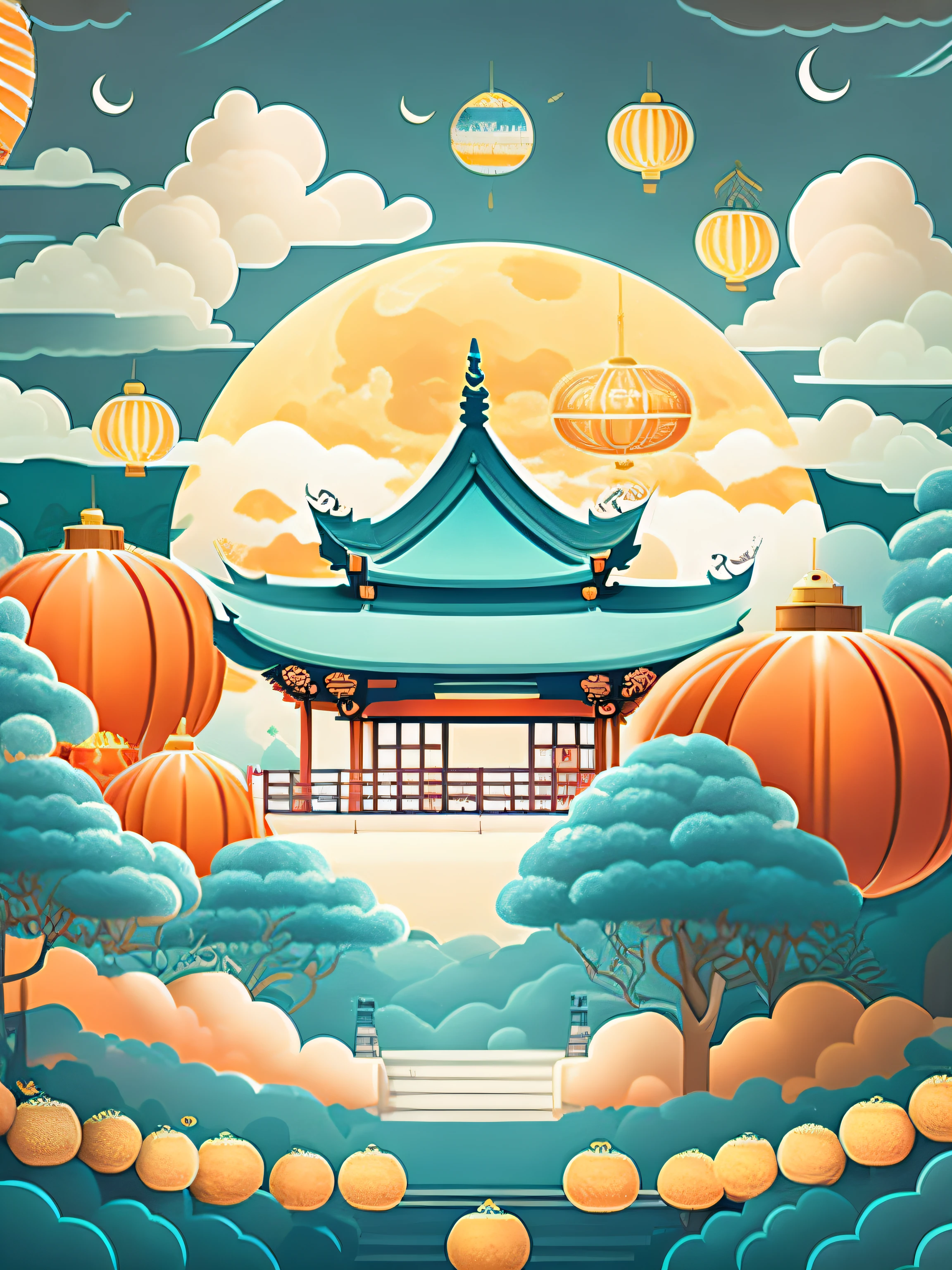 Art is commercial illustration,The theme is the Mid-Autumn Festival poster。The background is a scene of the moon and the moon palace,There are lanterns flying outside the moon。The center area of the picture is centered and typeset,The main body is Jade Rabbit making mooncakes。laurel、mont、Eau、Clouds and other details decorated,T-shirt design,rzminjourney,vectorial art
