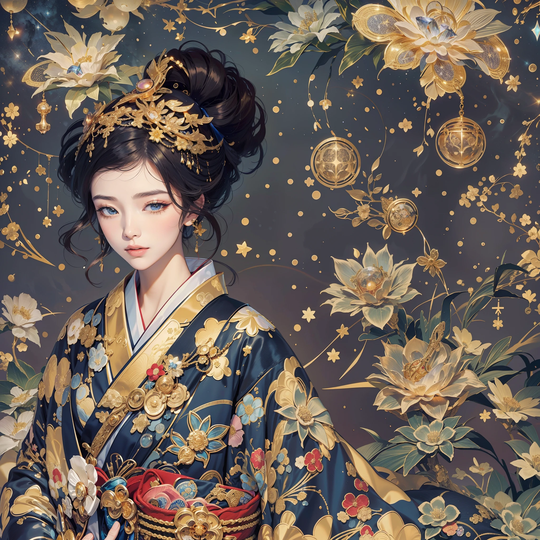 a moon、Detailed background(ancient city,Detailed starry sky background),glossy dark hair,Ponytail BREAK,elaborate costume{Luxury kimono(Colorful kimono(Detailed golden embroidery,))}、face perfect,Depict a beautiful and graceful woman of Japan。Heart in the eye。 Wallpaper 8K, .Blur the background with a sickle,((masutepiece)), ((Best Quality)),{{a portrait photo of}}