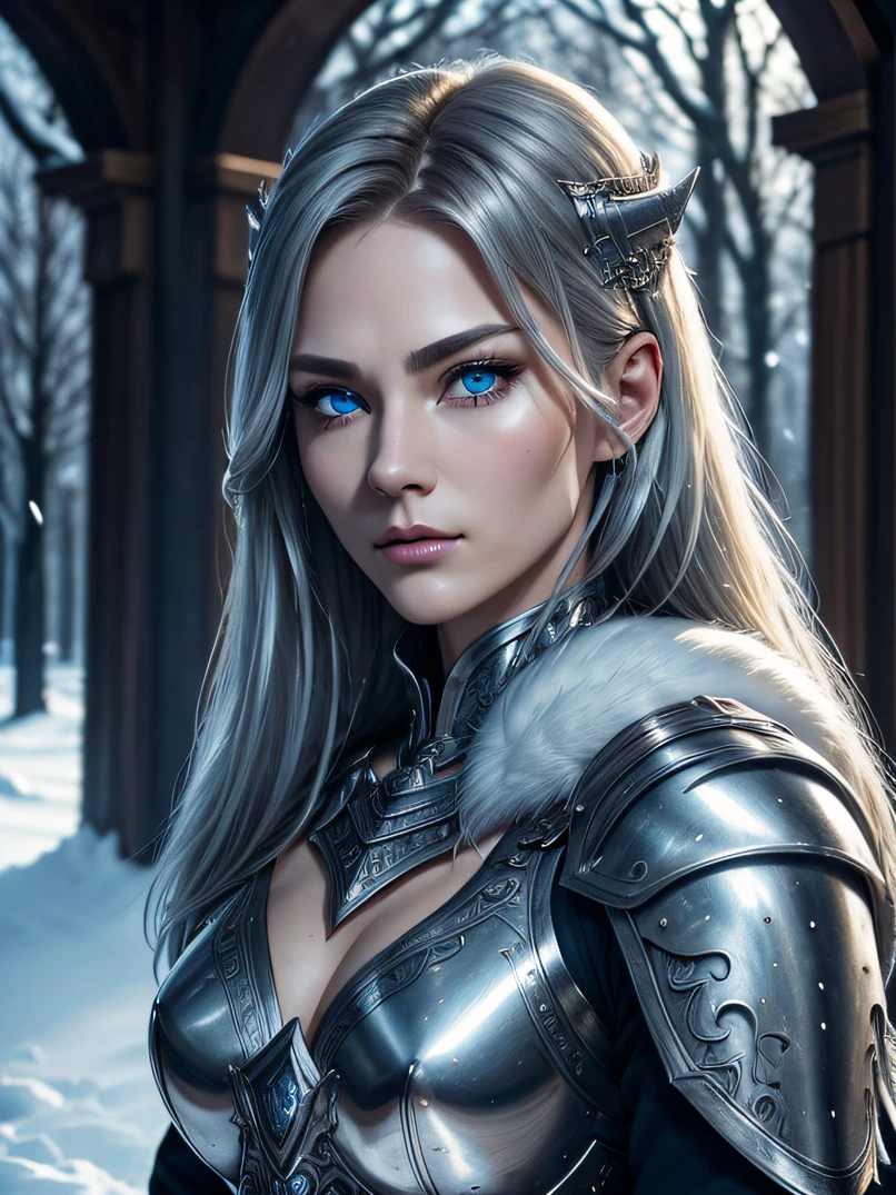 （top-quality、high detailing）、Four-fifths shot、Portrait of a 40-year-old adult female Viking、tall、Strong physique、the perfect body、Silver warrior armor with fur collar、Silver Full Face Helmet、Large Silver Horn Headgear、Carrying a big sword on your back、Focus on the face、Calm look、Big blue eyes、Detailed face and eyes、Sharp eyes、Golden Shorthair、Walking slowly towards us、Detailed hand depiction、Winter morning、Oyuki、Snow-covered roads、Medieval city gate behind、Fantasyart、dark fantasy vibe、Combat stance、Dynamic action