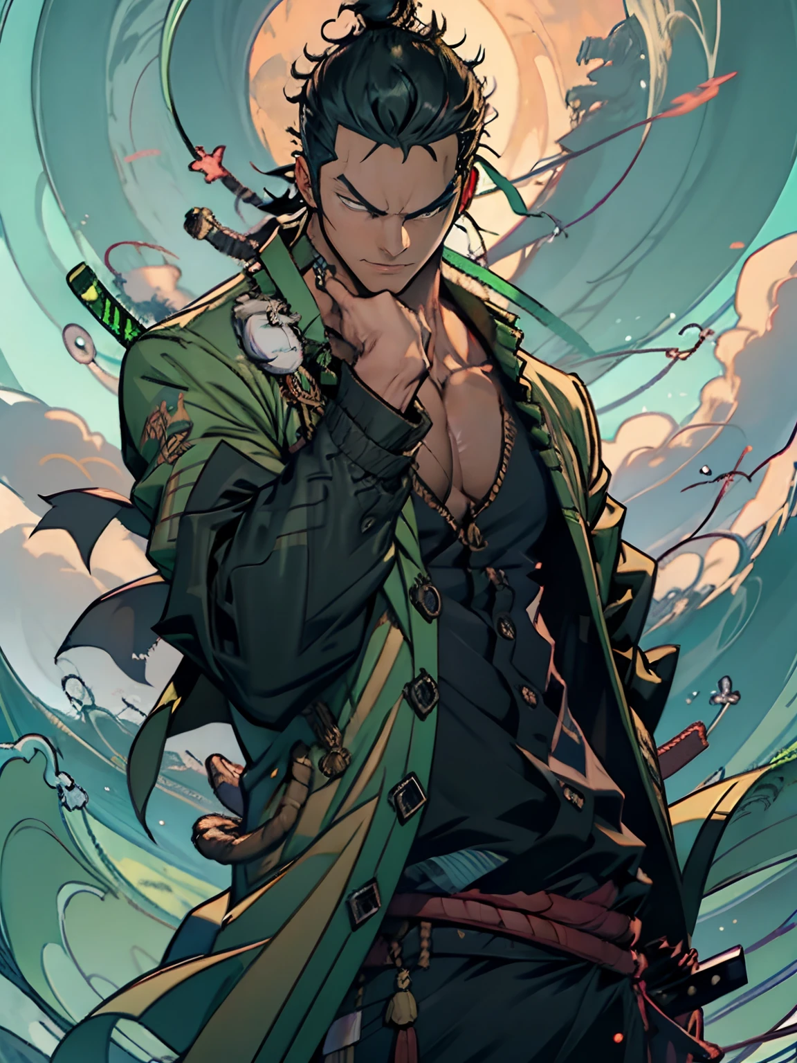 rORONOA Zoro DO ANIME "(ONE PEACE",) sozinho, Olhando para o Viewer, short hair, mangas compridas, , GREEN PIRATE suit jacket, parte superior do corpo, arma, Foco masculino, Roupas japonesas, cabelos verdes, wHater, WAVES, de lado, cicatriz NO OLHO ESQUERDO, bainha, cicatriz no rosto, Embainhados, (slicked back hair)