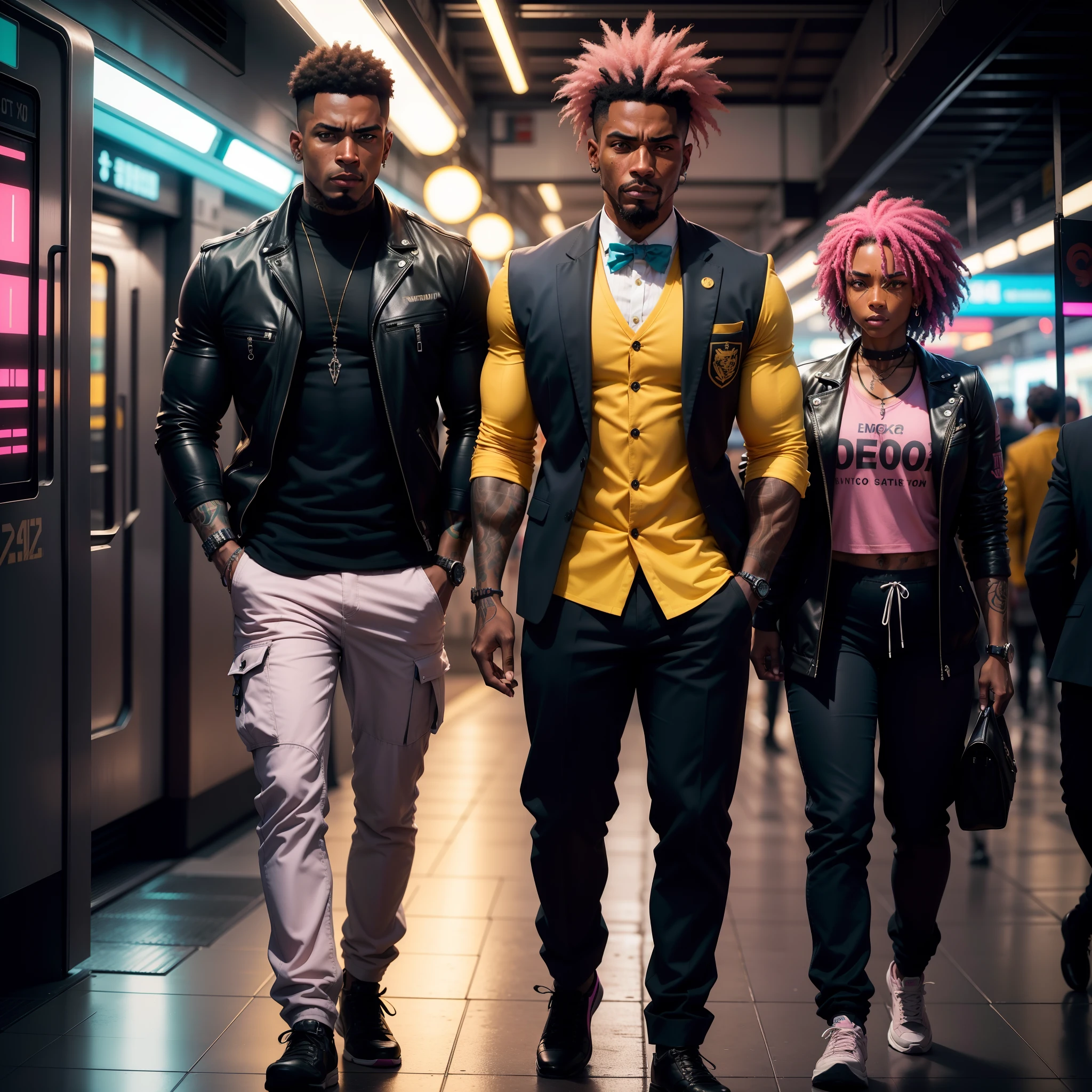 I'd like a cyberpunk style image in 4k average photo of three black characters ,40 anos de idade, africano, forte, musculoso, de pele negra ,com cabelo punk estilo anos 80 na cor amarelo e cinza escuro,muito eLegante,, futurista e estiloso neon , com uma tatuagem super colorida e com neon ,Toattoo, facing a metro station on the platform , with station lights failing in a dimly lit environment, standing dressed in a dark yellow suit with a pink bow tie and baggy shirt.