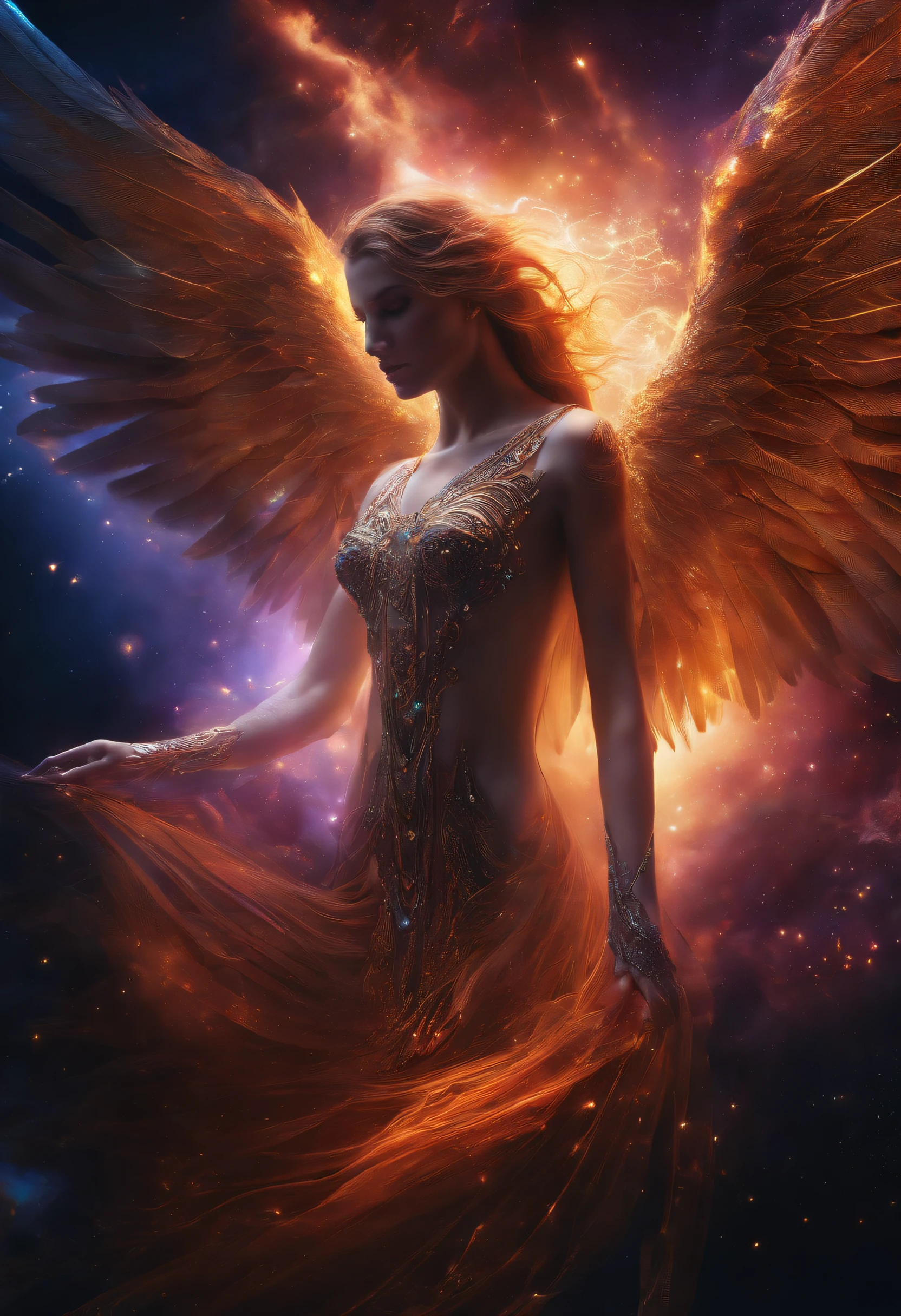 Cosmic Fallen Angel, Bright and clear eyes, Biomechanicals, Strangely, horrid, nightmare, Very bright colors, Light particles, There is bright light, Mshiv, wallpaper art, ultra HD wallpaper