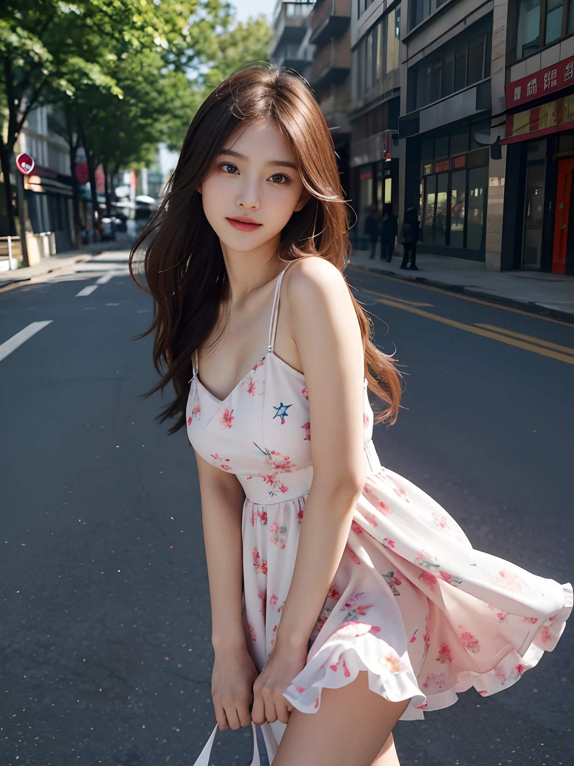 best qualtiy,tmasterpiece,超高分辨率,(真实感:1.4),RAW photogr,1girll,long whitr hair,Face Highlighting,Pure,Girly,Flushing,18yr old,18-year-old smiling female classmate,Pure,Innocent,(best qualtiy,8K,tmasterpiece:1.3),Goose egg face,largeeyes,long eyelasher,Exquisite(live-action realistic style),Star-like eyes,Ultimate face,Photorealistic light and shadow,Clear facial features,Milky white skin,Fair skin, highdetailskin, Realistic skin details, Visible Pore,(Super detail),(perfect bodies:1.1),long whitr hair,(dynamicposes),((Dynamic background((volumettic light:1.3)),Bigchest,Floral dress,pinkdress,liberta,Dashing,long leges,Shunguang,Street photography