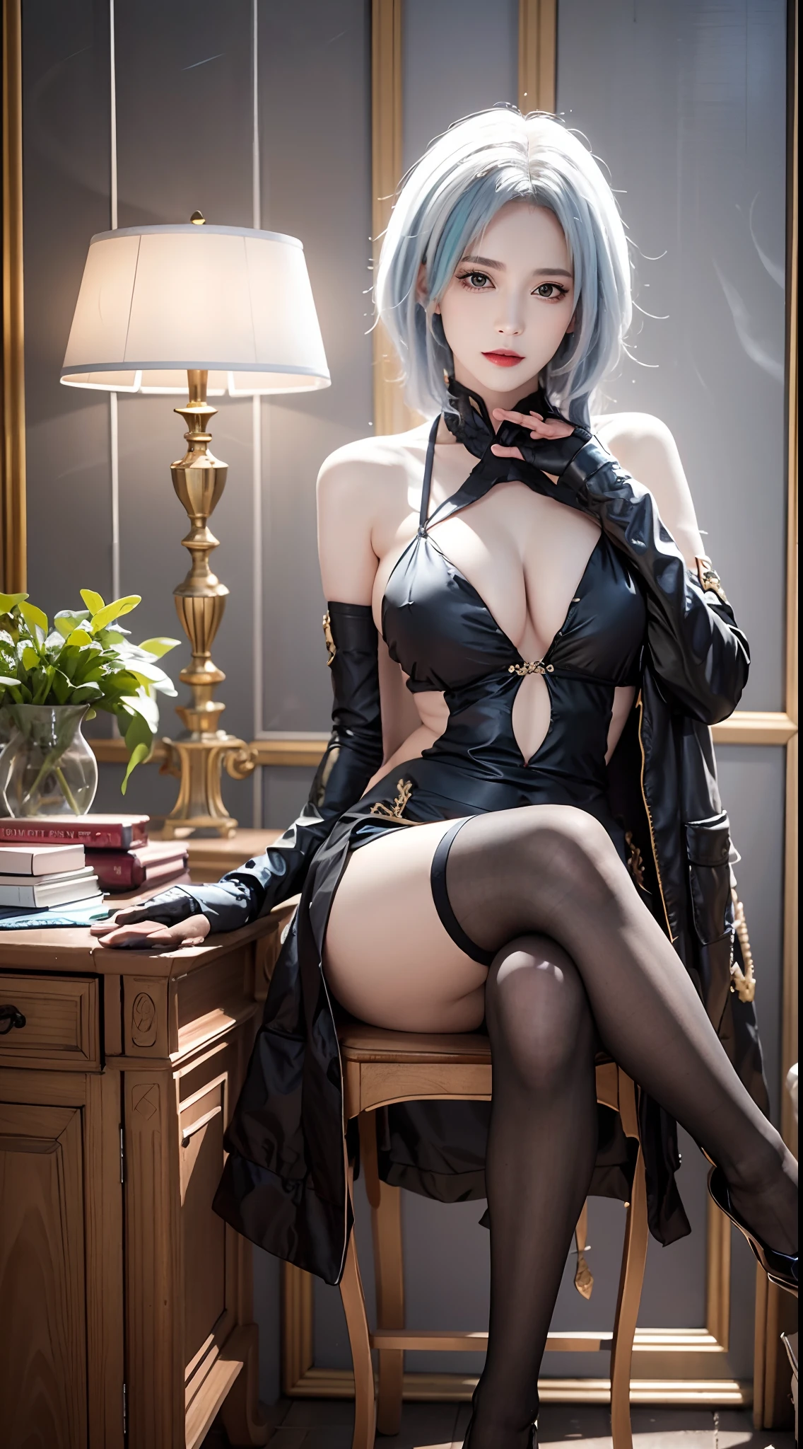 photorealistic,high resolution,soft light,1women,hips up, tall woman, white hair, short hair, black gloves, formal outfit, pants, sit on chair, crossed legs, 2 legs, red eyes, serious look, looking at papers, paper in hand, cabinet room, bookshell, lamp, steampunk, coat in chair back, good quality, arlecchino \(genshin impact\), x-shaped pupils, multicolored hair, black strand of hair