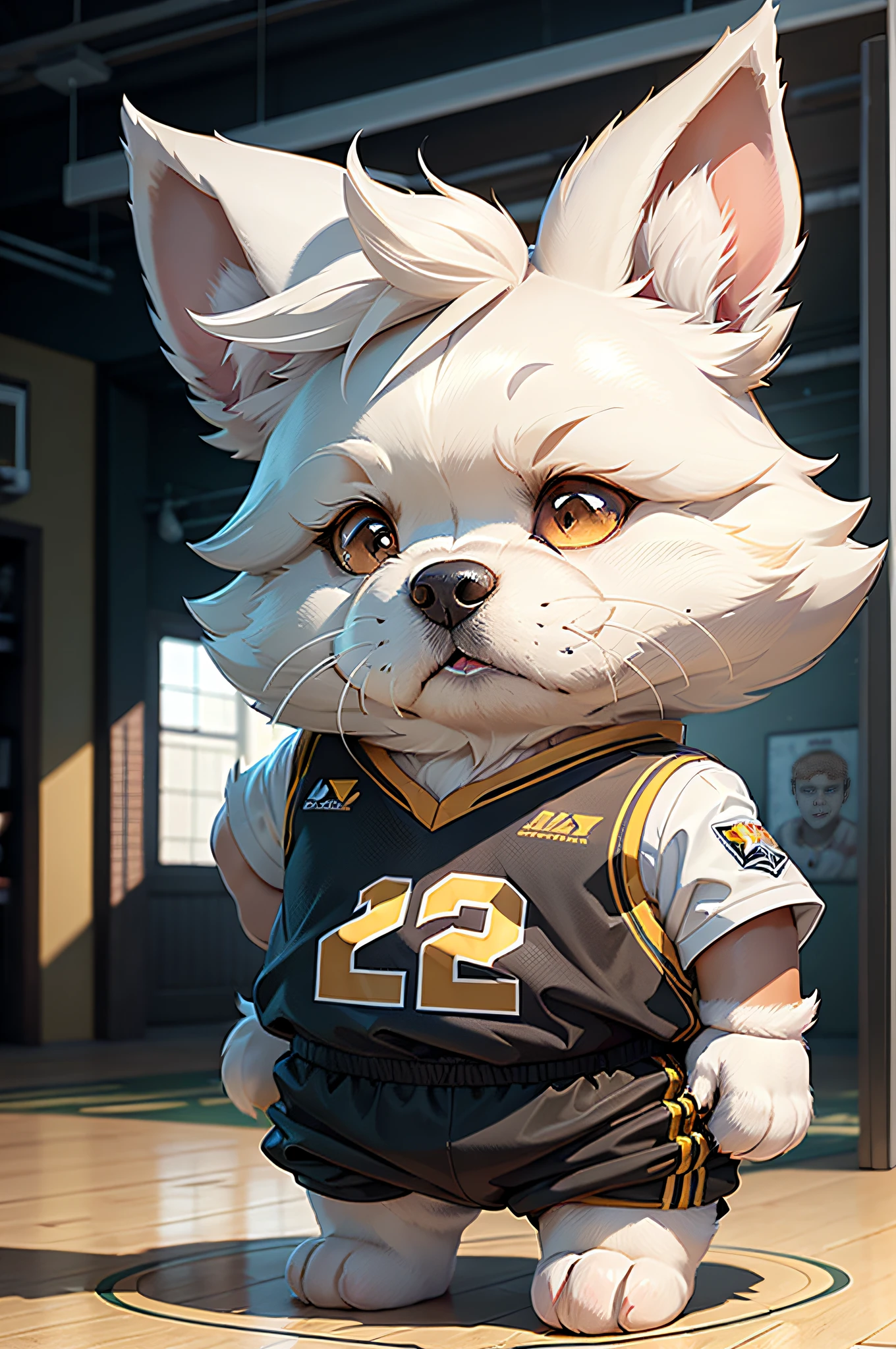 C4tt4stic, Cartoon of basketball player uniform、Dog breed West Highland White Terrier（Body hair is white, visible parts are pure white all over the body）