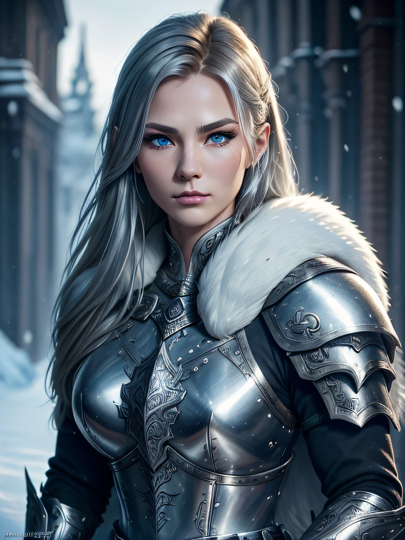 （top-quality、high detailing）、Four-fifths shot、Portrait of a 40-year-old adult female Viking、tall、Strong physique、the perfect body、Silver warrior armor with fur collar、Silver Full Face Helmet、Large Silver Horn Headgear、Carrying a big sword on your back、Focus on the face、Calm look、Big blue eyes、Detailed face and eyes、Sharp eyes、Golden Shorthair、Walking slowly towards us、Detailed hand depiction、Winter morning、Oyuki、Snow-covered roads、Medieval city gate behind、Fantasyart、dark fantasy vibe、Combat stance、Dynamic action