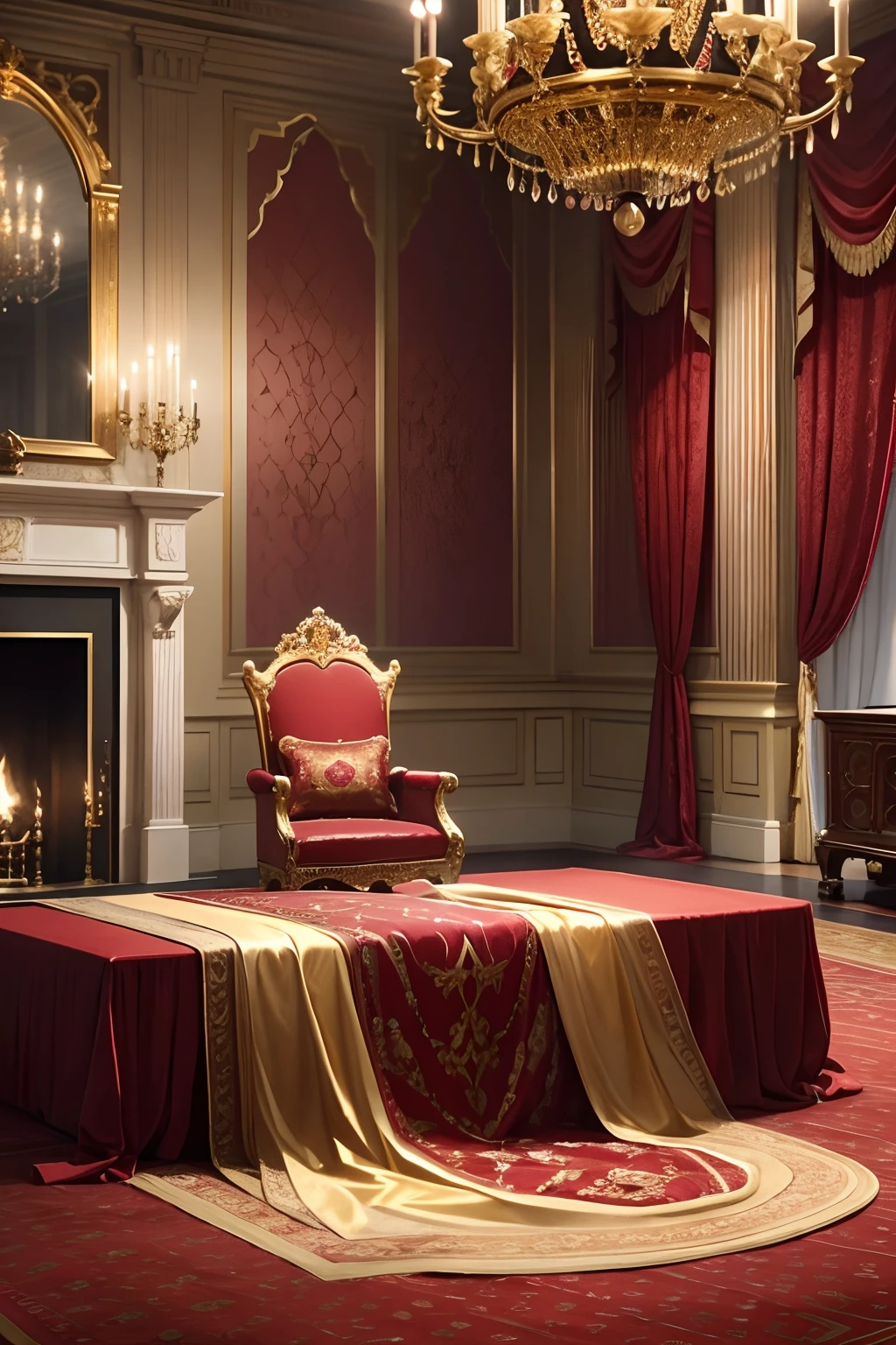 1 gold crown decorated with rubies, diamantes y zafiros, resting on a red velvet cushion embroidered in gold, sobre una mesa de madera decorada, chandelier and fireplace lighting, castillo imperial