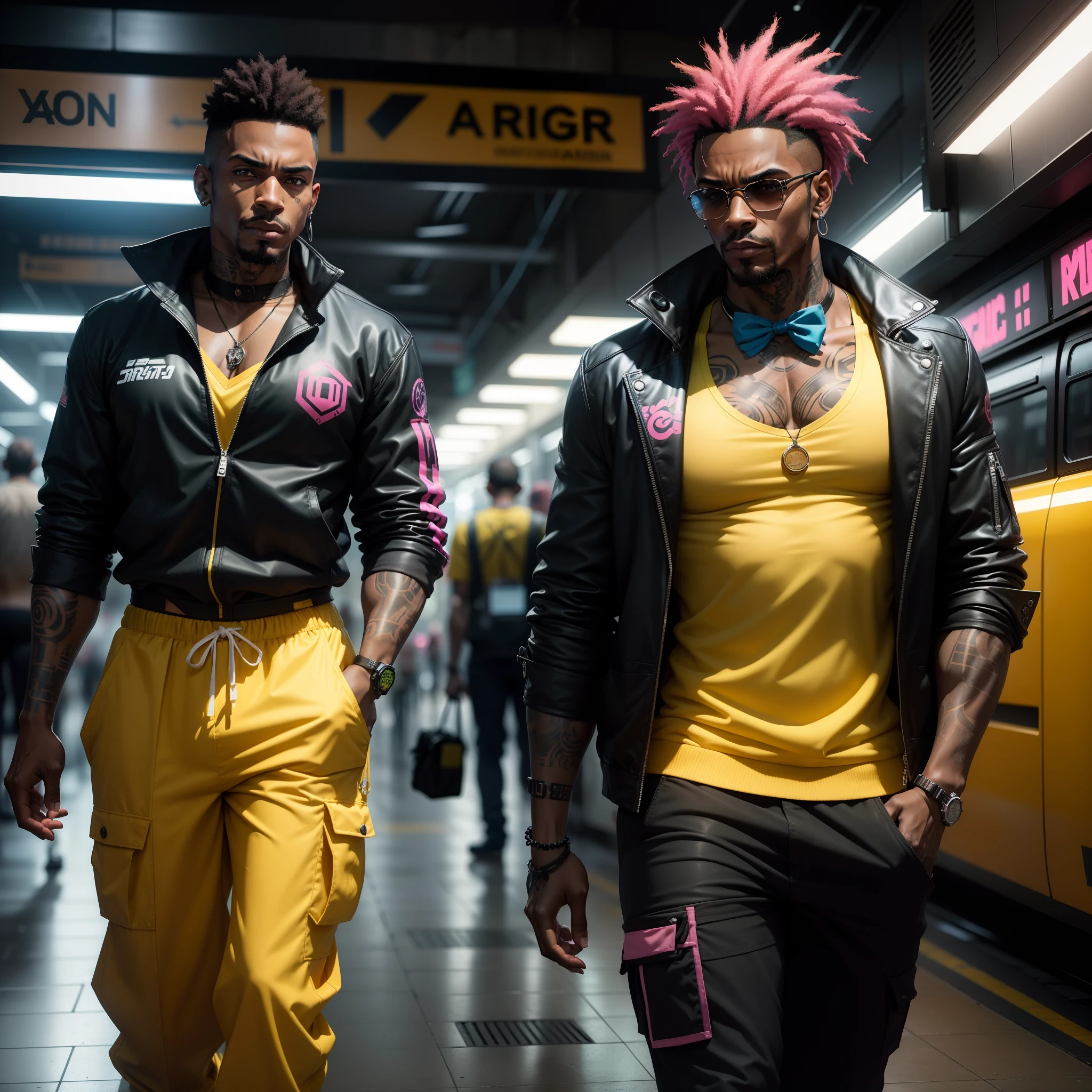 I'd like a cyberpunk style image in 4k average photo of three black characters ,africana, forte, musculoso,Bodybillder, pele negra ,barba grande,com cabelo punk estilo anos 80 na cor amarelo ,muito eLegante,, futurista e estiloso neon , com uma tatuagem super colorida e com neon ,Toattoo, facing a metro station on the platform , with station lights failing in a dimly lit environment, standing dressed in a dark yellow suit ,estilo cyberpunk 2077 com uma gravata borboleta rosa,Camisa,com camisa larga,Camisa.