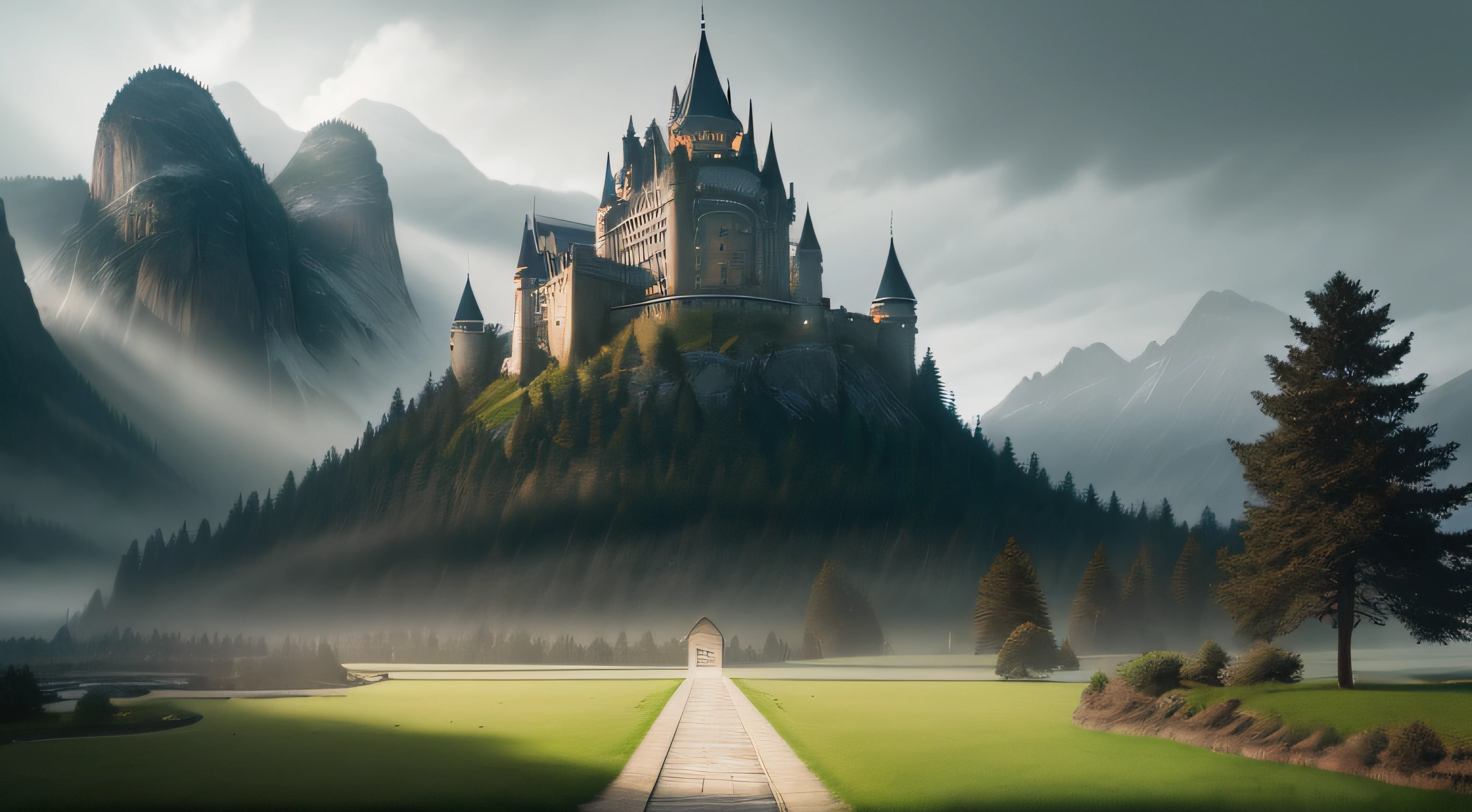 best quality,ultra-detailed,realistic,landscape,dark,overcast sky,empty spot,kingdom,large castle,looming mountains,tvibrant fields and bustling villages,subtle mist,mysterious atmosphere,dramatic lighting,vibrant colors,serene atmosphere,peaceful scenery,long shadows,texture details,haunting beauty,enchanted forest,solitude,tranquil setting,lush vegetation,silent whispers,wandering path,rays of sunlight,breathtaking view,majestic presence,imposing structures,ethereal ambiance,hidden secrets,whispering winds,mythical creatures,calm waters,peaceful reflection,sense of grandeur,stillness of nature,oppressive silence,isolated beauty