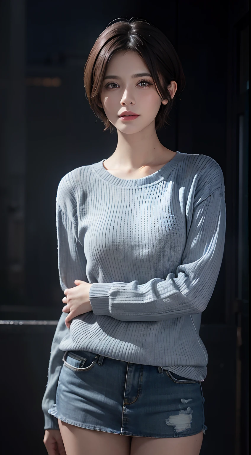 Short length、longsl-sleeves sweater、Denim miniskirt、frontage、is standing、(masuter piece:1.3)、(8k、Photorealsitic、RAW Photography、top-quality: 1.4)、(1girl)、beautiful countenance、(lifelike face)、(A dark-haired、short-hair:1.3)、Beautiful hairstyle、realisticeyes、Beautiful details、(real looking skin)、Beautiful skins、(Sweaters)、absurderes、enticing、超A high resolution、A hyper-realistic、high-detail、the golden ratio