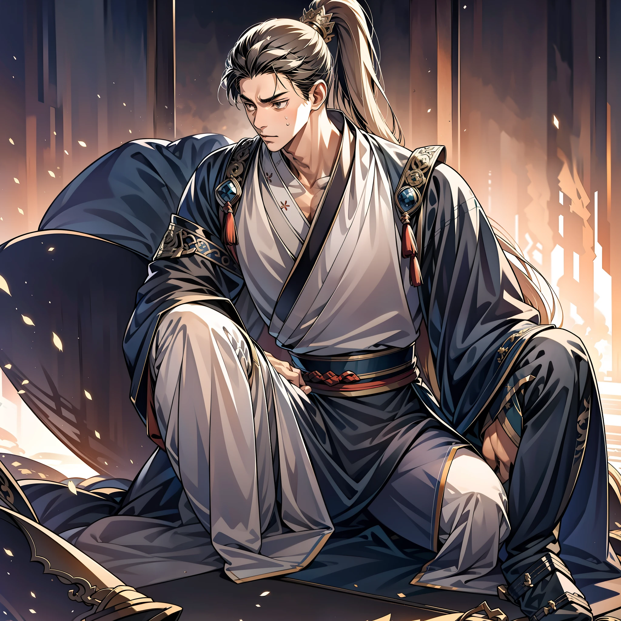 1 male, sweating, open mouth, drooling, wet, wet, sweaty pectorals, sweaty abs, sweaty crotch, golden costume Hanfu, dragon robe, handsome face, highest image quality, dark skin, high ponytail long hair, detail Hanfu, wearing arm guards, armor, leg guards (leg armor), leggings (leg guards), ancient boots (ancient Chinese military boots), looks like a general, squat, forked legs squat, half squat, holding a sword, sweating under the crotch, crotch shape, crotch sweating, long legs, leg contour, thigh close-up, calf close-up, Perfect legs