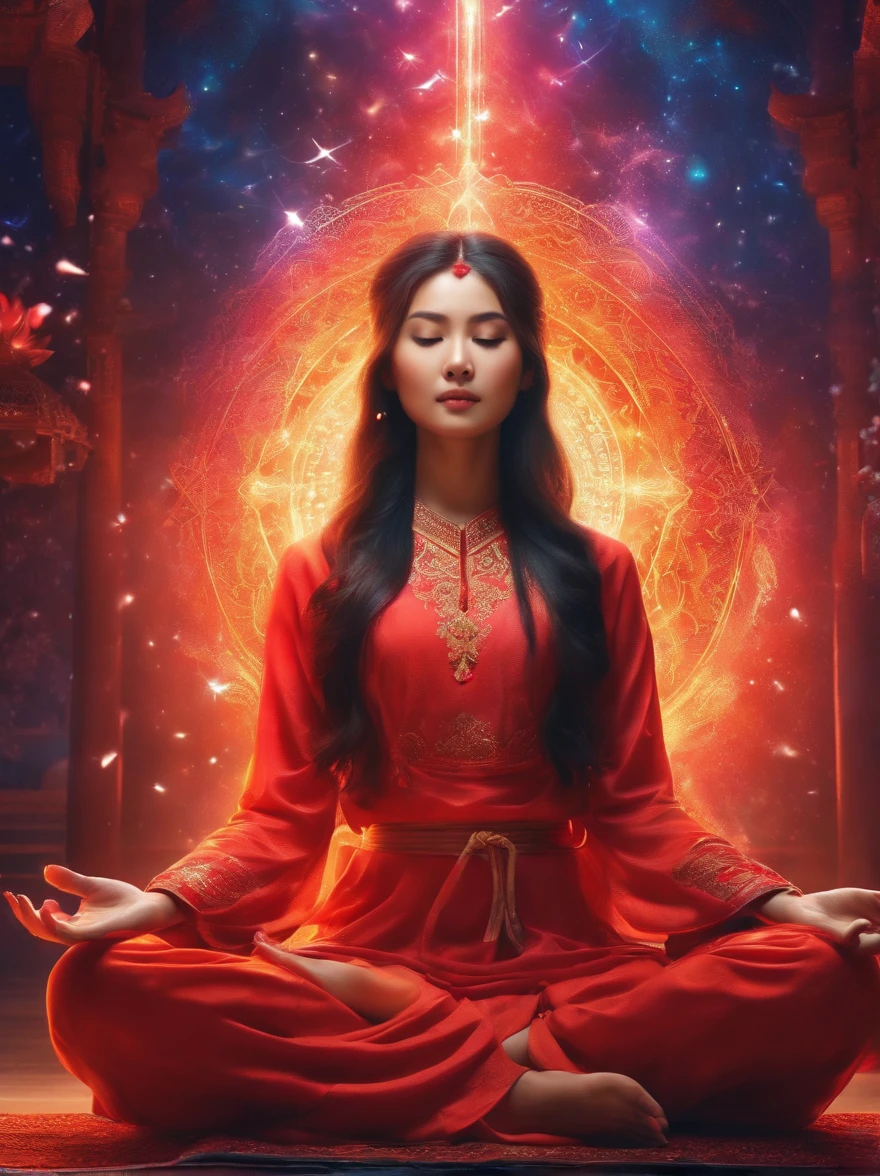 An Asian girl,Meditate cross-legged, at centre,Very bright colors, Light particles, with light glowing, Mshiv, wallpaper art, UHD wallpaper