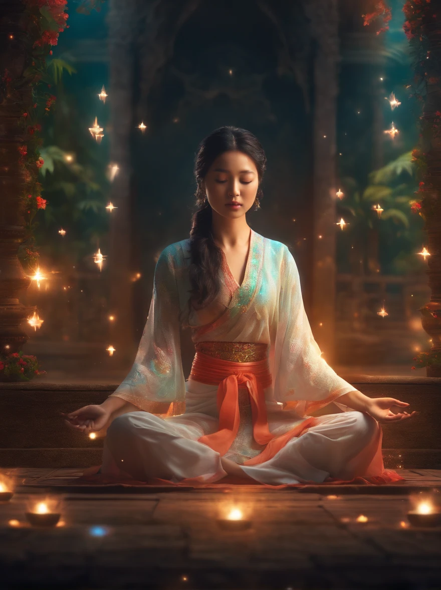 An Asian girl,Meditate cross-legged, at centre,Very bright colors, Light particles, with light glowing, Mshiv, wallpaper art, UHD wallpaper
