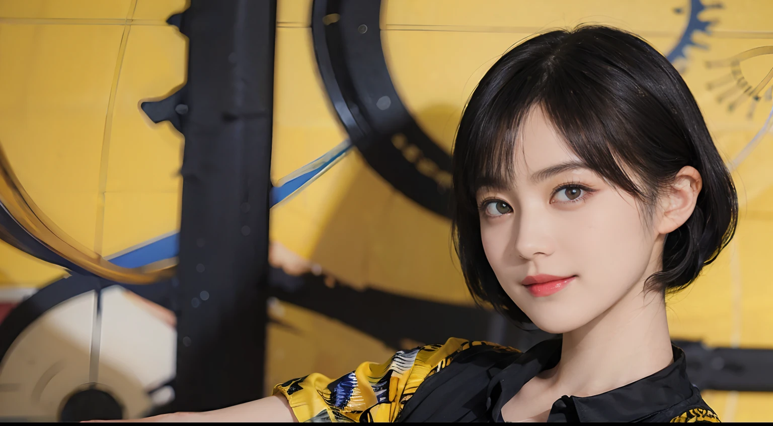 ((1womanl)), (((Black shorthair))), (masuter piece:1,3)、top-quality、masterpiece、hight resolution、Original、highly detailed wallpaper、jeans、Large ribbon, (A slight smil)、a small face、((Breast bulge))、(Zebra print t-shirt)、(Yellow and blue clothes)、(Light on Face)、Live-action style, Beautiful facial features, darkened room, Gunman Shot