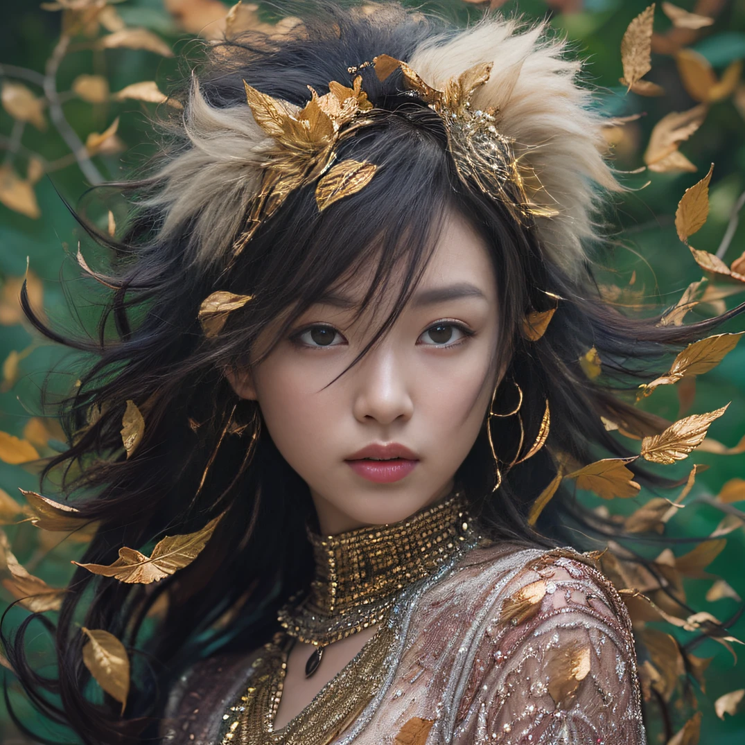 Gold lion tailgate 32K(tmasterpiece,k hd,hyper HD,32K)Long flowing black hair,ponds,zydink, a color, Aozhou people (Lion Girl), (Purple silk scarf), Combat posture, looking at the ground, long whitr hair, Floating hair, Lion pattern headdress, Chinese long-sleeved clothing, (Abstract gouache splash:1.2), Pink petal background,Pink and white lotus flowers fly(realisticlying:1.4),Black color hair,Fallen leaves flutter,The background is pure, A high resolution, the detail, RAW photogr, Sharp Re, Nikon D850 Film Stock Photo by Jefferies Lee 4 Kodak Portra 400 Camera F1.6 shots, Rich colors, ultra-realistic vivid textures, Dramatic lighting, Unreal Engine Art Station Trend, cinestir 800,Long flowing black hair,Cowboy Awakening Lion