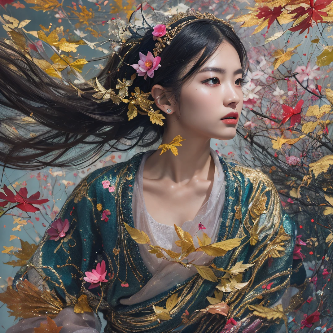 Gold backstop 32K（tmasterpiece，k hd，hyper HD，32K）Long flowing black hair，ponds，zydink， a color， Aozhou people （Concubine girl）， （Purple silk scarf）， Combat posture， looking at the ground， long whitr hair， Floating hair， Carp pattern headdress， Chinese long-sleeved clothing， （Abstract gouache splash：1.2）， Pink petal background，Pink and white lotus flowers fly（realisticlying：1.4），Black color hair，Fallen leaves flutter，The background is pure， A high resolution， the detail， RAW photogr， Sharp Re， Nikon D850 Film Stock Photo by Jefferies Lee 4 Kodak Portra 400 Camera F1.6 shots, Rich colors, ultra-realistic vivid textures, Dramatic lighting, Unreal Engine Art Station Trend, cinestir 800，Long flowing black hair，Denim skirt