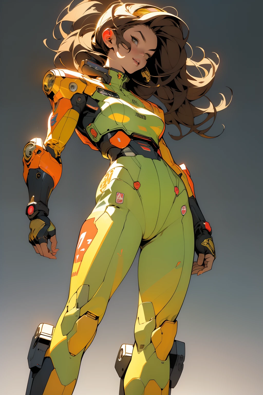 ((Best quality)), ((masterpiece)), (detailed: 1.4), (Absurd), (((full body)), (((woman))), 35-year-old woman, Beautiful fit woman, giant robot pilot, wild with perfect thin body, wearing little clothing, tiny thong, clothing with Japanese graphic patterns, halftone pattern and vertical stripes, yellow gold, coming out of the body of a giant robot