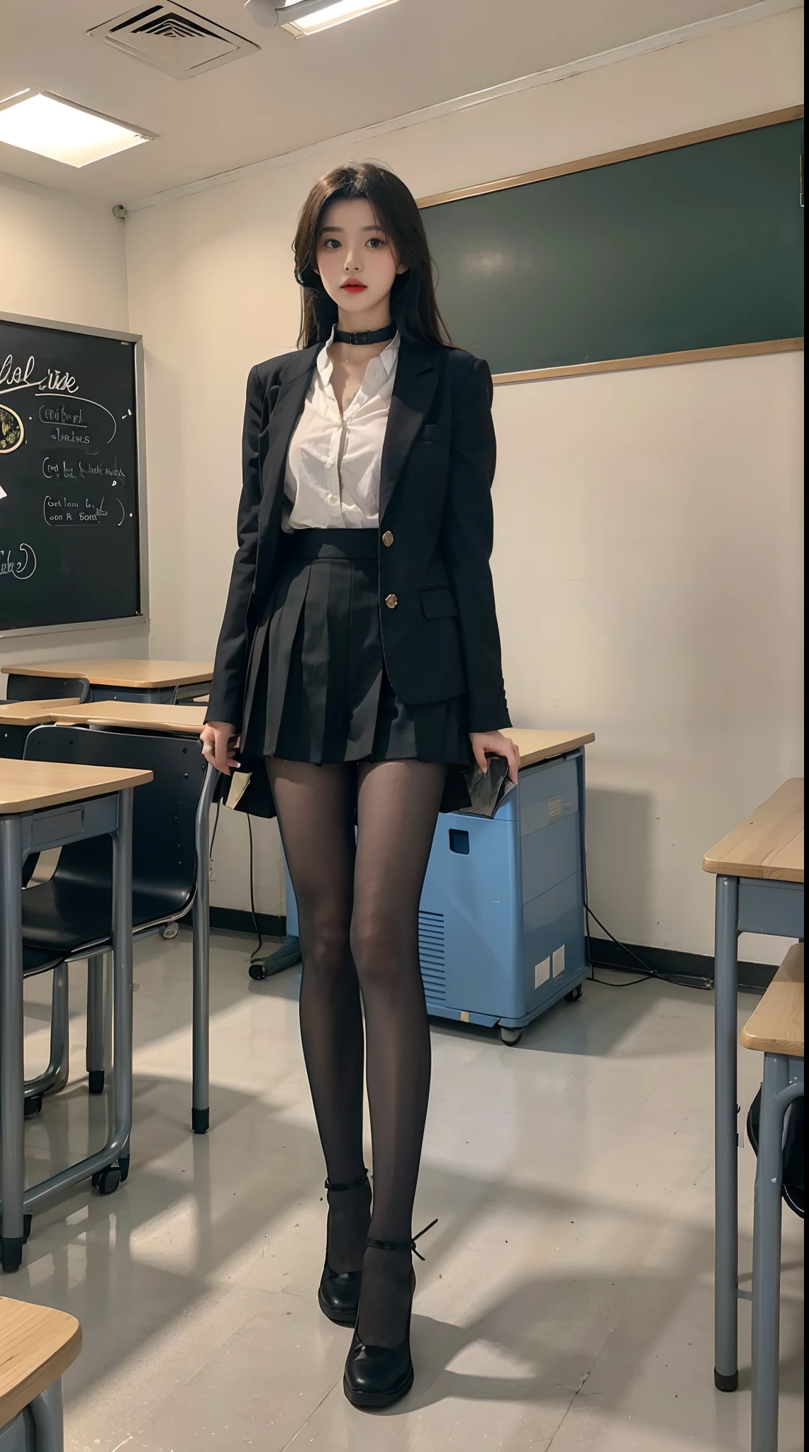 best qualityer，Highest high resolution，one-girl，pupils，Student uniform（nipple tops：Usually long- or short-sleeved shirts，The collar can be a lapel or a stand collar，The color is usually white、Light blue or other light colors。In some schools，The shirt may have the school logo or school name printed on it。
Manteau：Usually a blazer or blazer，The color may be the same or slightly different from the top。In some schools，Jackets may require a school logo or school name。
Skirt or pants：Usually black、Dark blue or other dark pleated skirts or pants。The skirt length is usually above the knee，Pants are usually straight legs or leggings。
shoe：Usually black、Dark blue or other dark leather or sneakers。In some schools，Students may be required to wear lace-up shoes or round-toe shoes），Exquisite facial features，perfect body figure，in class room，Stand in front of the blackboard，Black stockings are particularly eye-catching，中景 the scene is，Great for students，Doing，Doing