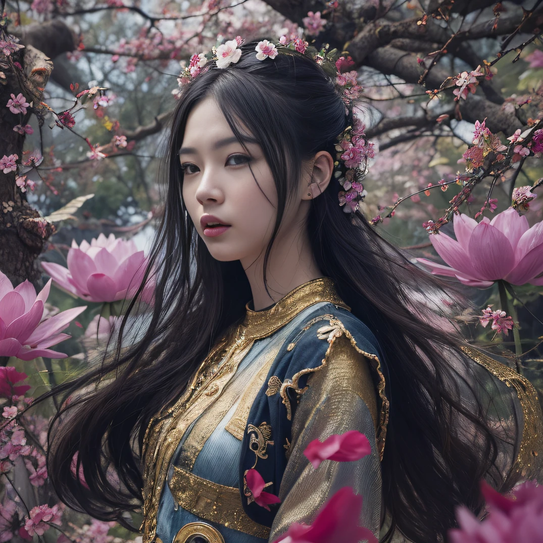 Gold backstop 32K(tmasterpiece,k hd,hyper HD,32K)Long flowing black hair,ponds,zydink, a color, Aozhou people (Concubine girl), (Purple silk scarf), Combat posture, looking at the ground, long whitr hair, Floating hair, Carp pattern headdress, Chinese long-sleeved clothing, (Abstract gouache splash:1.2), Pink petal background,Pink and white lotus flowers fly(realisticlying:1.4),Black color hair,Fallen leaves flutter,The background is pure, A high resolution, the detail, RAW photogr, Sharp Re, Nikon D850 Film Stock Photo by Jefferies Lee 4 Kodak Portra 400 Camera F1.6 shots, Rich colors, ultra-realistic vivid textures, Dramatic lighting, Unreal Engine Art Station Trend, cinestir 800,Long flowing black hair,Denim skirt