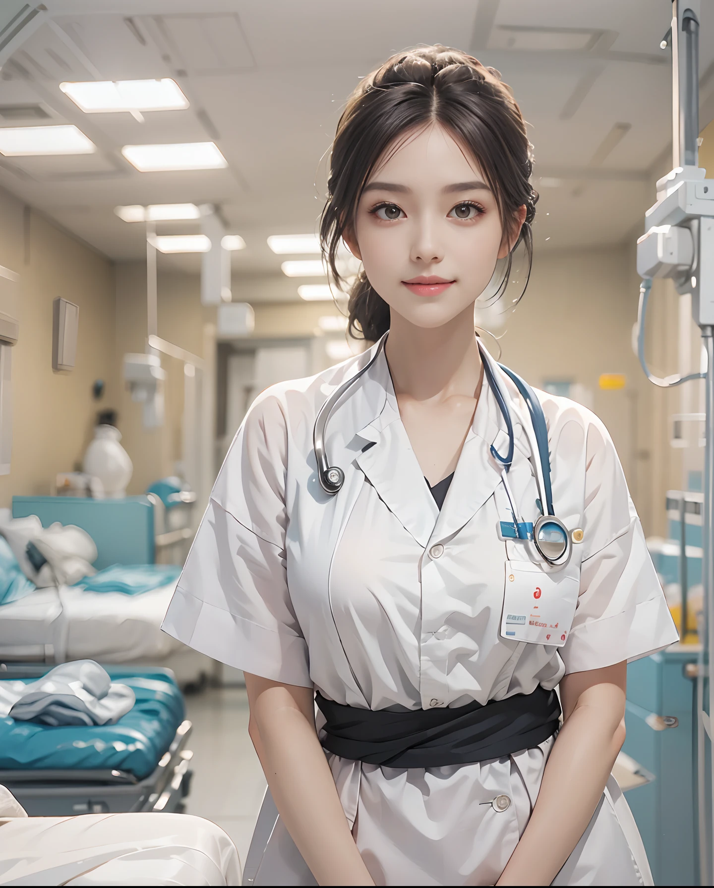 Create an image of a nurse in a white uniform sitting next to a hospital bed, prepare for injection. Capturing the detailed characteristics of nurse uniforms, The crisp white fabric stands out, Mini skirt ,her facial expression indicates intensive care.brunette disheveled hair:1.3、A smile、open one's legs