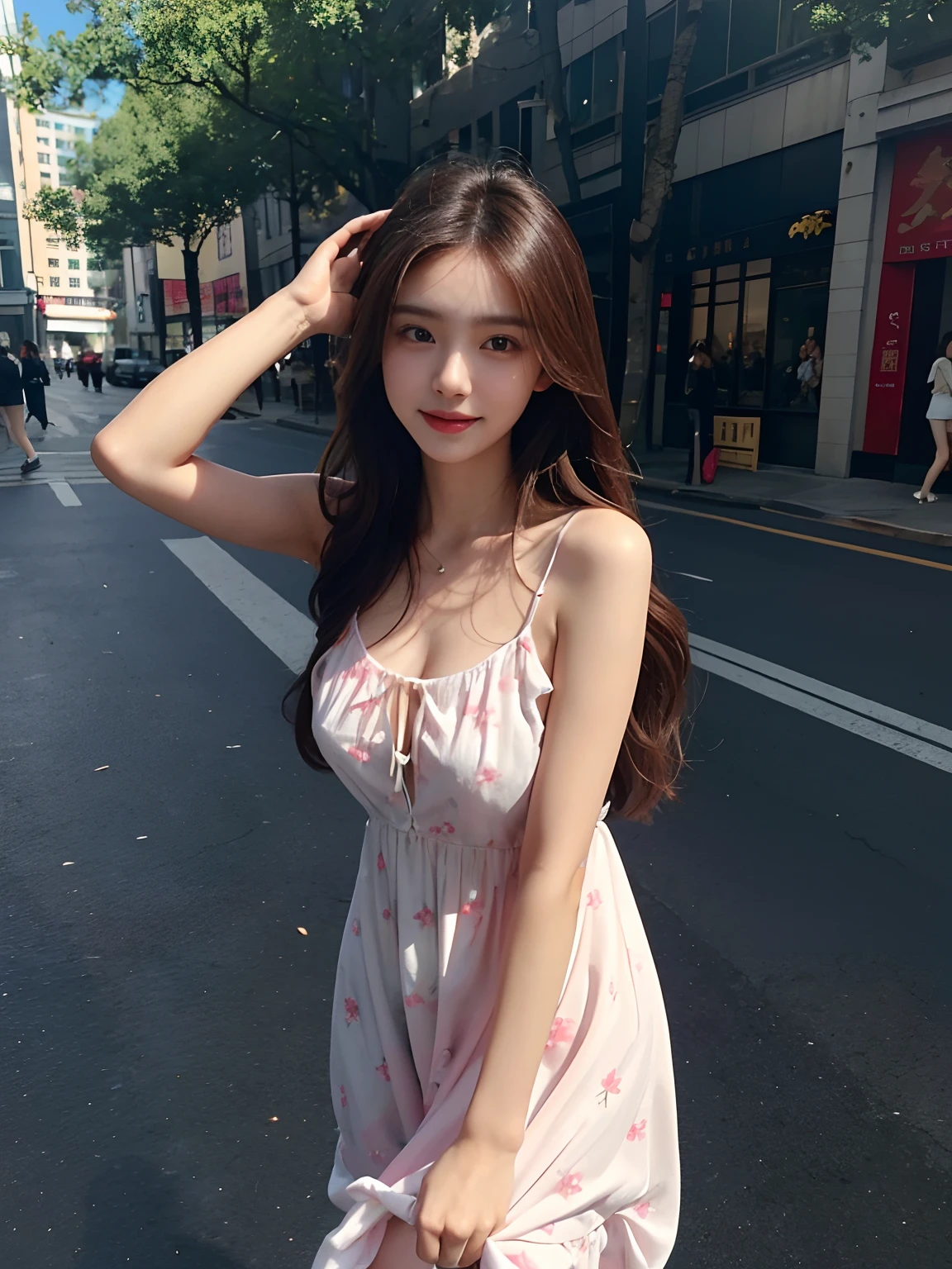 best qualtiy,tmasterpiece,超高分辨率,(真实感:1.4),RAW photogr,1girll,long whitr hair,Face Highlighting,Pure,Girly,Flushing,18yr old,18-year-old smiling female classmate,Pure,Innocent,(best qualtiy,8K,tmasterpiece:1.3),Goose egg face,largeeyes,long eyelasher,Exquisite(live-action realistic style),Star-like eyes,Ultimate face,Photorealistic light and shadow,Clear facial features,Milky white skin,Fair skin, highdetailskin, Realistic skin details, Visible Pore,(Super detail),(perfect bodies:1.1),long whitr hair,(dynamicposes),((Dynamic background((volumettic light:1.3)),Bigchest,Floral dress,pinkdress,liberta,Dashing,long leges,Shunguang,Street photography