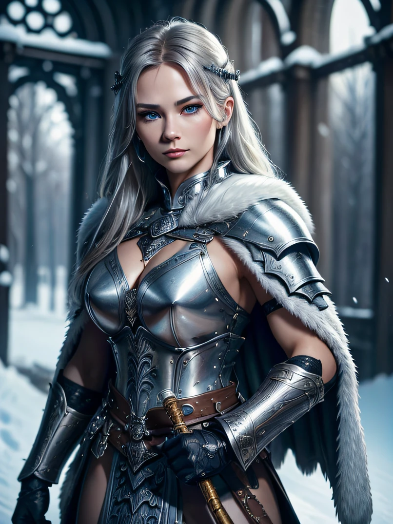 （top-quality、high detailing）、Four-fifths shot、Portrait of a 40-year-old adult female Viking、tall、Strong physique、the perfect body、Silver warrior armor with fur collar、Silver Full Face Helmet、Thick Large Silver Horn Headgear、Carrying a big sword on your back、Focus on the face、Calm look、Big blue eyes、Detailed face and eyes、Sharp eyes、Golden Shorthair、Walking slowly towards us、Detailed hand depiction、Winter morning、Oyuki、Snow-covered roads、Medieval city gate behind、Fantasyart、dark fantasy vibe、Combat stance、Dynamic action