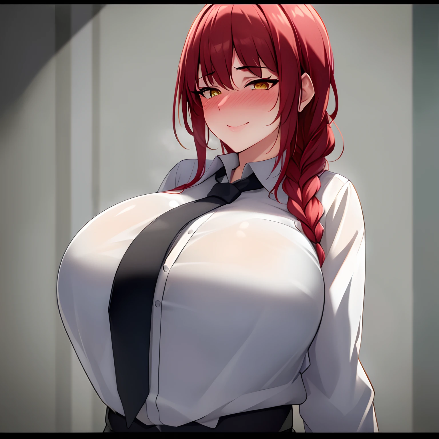 best quality, 1girl, white wet shirt, collared shirt, black necktie, huge boobs, black trousers, ahegao, nose blush, (looking outside:1.4), sensual, fisheye, basement, night, corneo_makima, makima \(chainsaw man\), (large breasts:1.1) ,smug smile, bored, nose blush, ringed eyes, red hair, braided ponytail, color connection, colorized, colorful, spot color, polka dot background, ((flag background)), nsfw, trending on artstation, depth field, unreal engine, cinematic, hyper realism, high detail, octane render, 8k