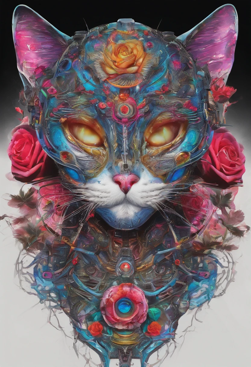 Single, Bright colorful roses, Surround a full circle, (Delicately arranged cat face on watch face),Pair with intricate silver needles, Isolated on original white background.
