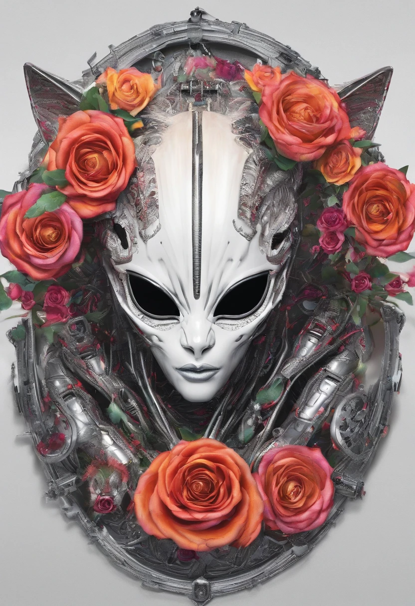 Single, Bright colorful roses, Surround a full circle, （Delicately arranged cat face on watch face），Pair with intricate silver needles, Isolated on original white background.
