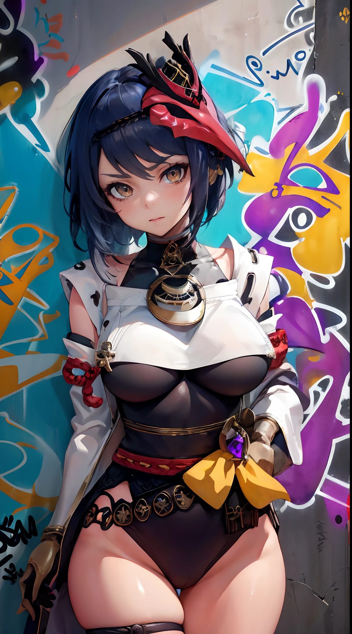 Kujou Sara Genshin Effect, masterpiece, bestquality, 1girls, oversized breasts, bara, choker, (Graffiti:1.5), Splash with purple lightning pattern., arm behind back, against wall, View viewers from the front., Thigh strap, Head tilt, bored, water eyes,