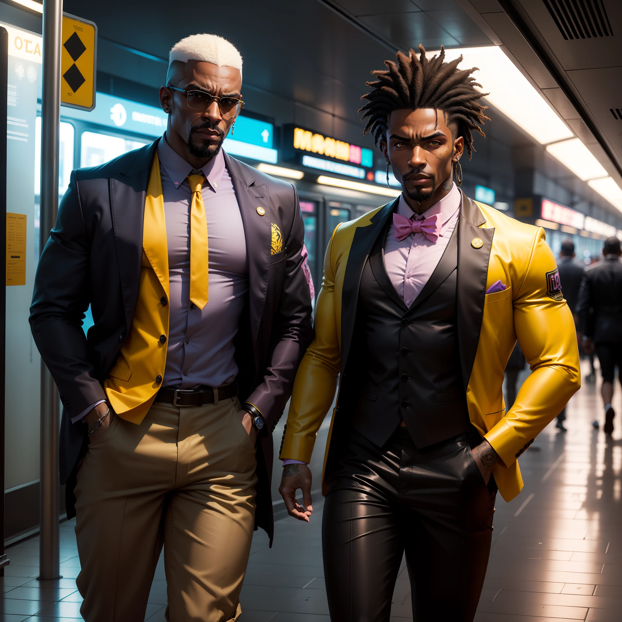 I'd like a cyberpunk style image in 4k average photo of three black characters ,40 anos de idade, africano, forte, musculoso, de pele negra ,com cabelo punk estilo anos 80 na cor amarelo e cinza escuro,muito eLegante,, futurista e estiloso neon , com uma tatuagem super colorida e com neon ,Toattoo, facing a metro station on the platform , with station lights failing in a dimly lit environment, standing dressed in a dark yellow suit with a pink bow tie and baggy shirt.