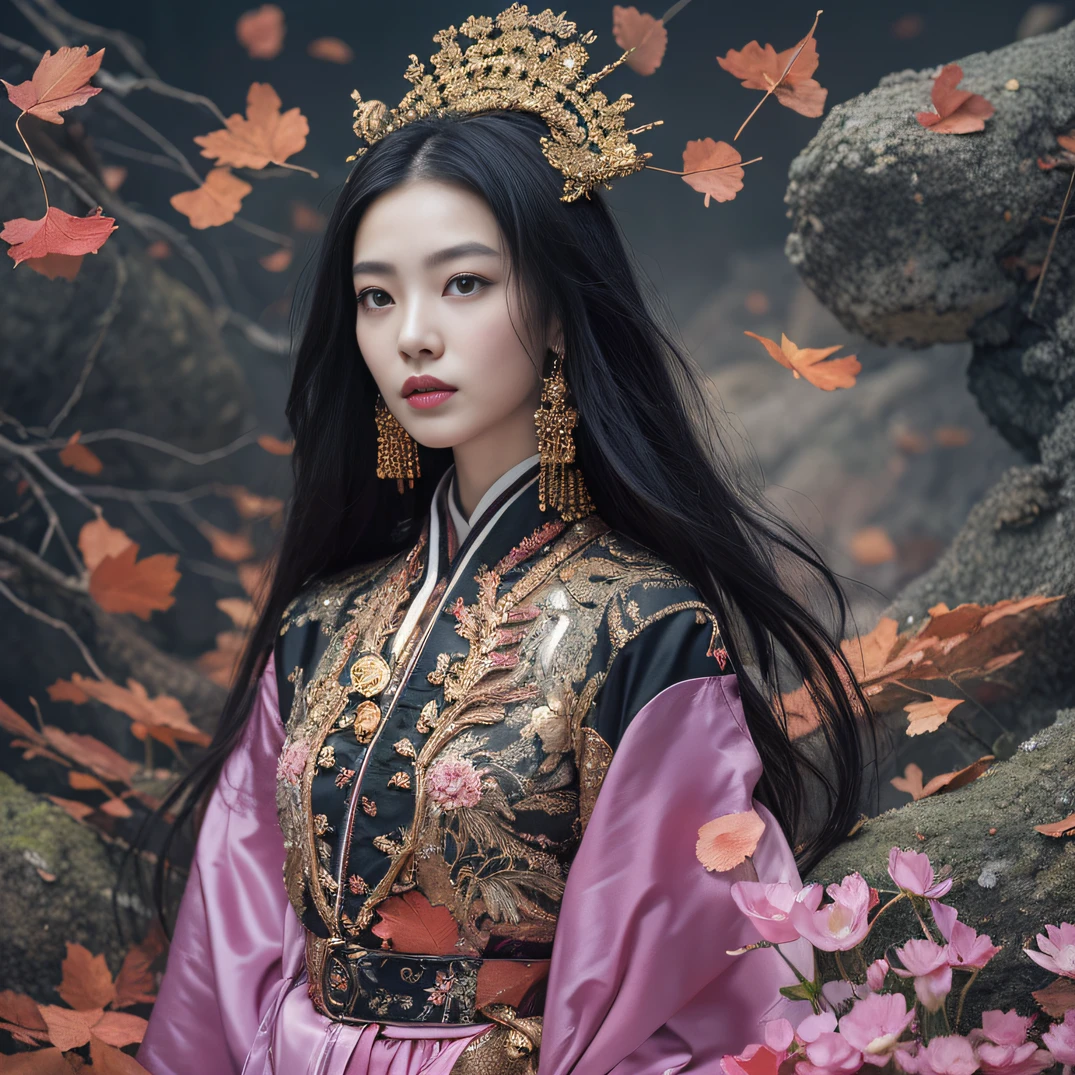 Gold backstop 32K(tmasterpiece,k hd,hyper HD,32K)Long flowing black hair,ponds,zydink, a color, Aozhou people (Concubine girl), (Purple silk scarf), Combat posture, looking at the ground, long whitr hair, Floating hair, Carp pattern headdress, Chinese long-sleeved clothing, (Abstract gouache splash:1.2), Pink petal background,Pink and white lotus flowers fly(realisticlying:1.4),Black color hair,Fallen leaves flutter,The background is pure, A high resolution, the detail, RAW photogr, Sharp Re, Nikon D850 Film Stock Photo by Jefferies Lee 4 Kodak Portra 400 Camera F1.6 shots, Rich colors, ultra-realistic vivid textures, Dramatic lighting, Unreal Engine Art Station Trend, cinestir 800,Long flowing black hair,Denim skirt