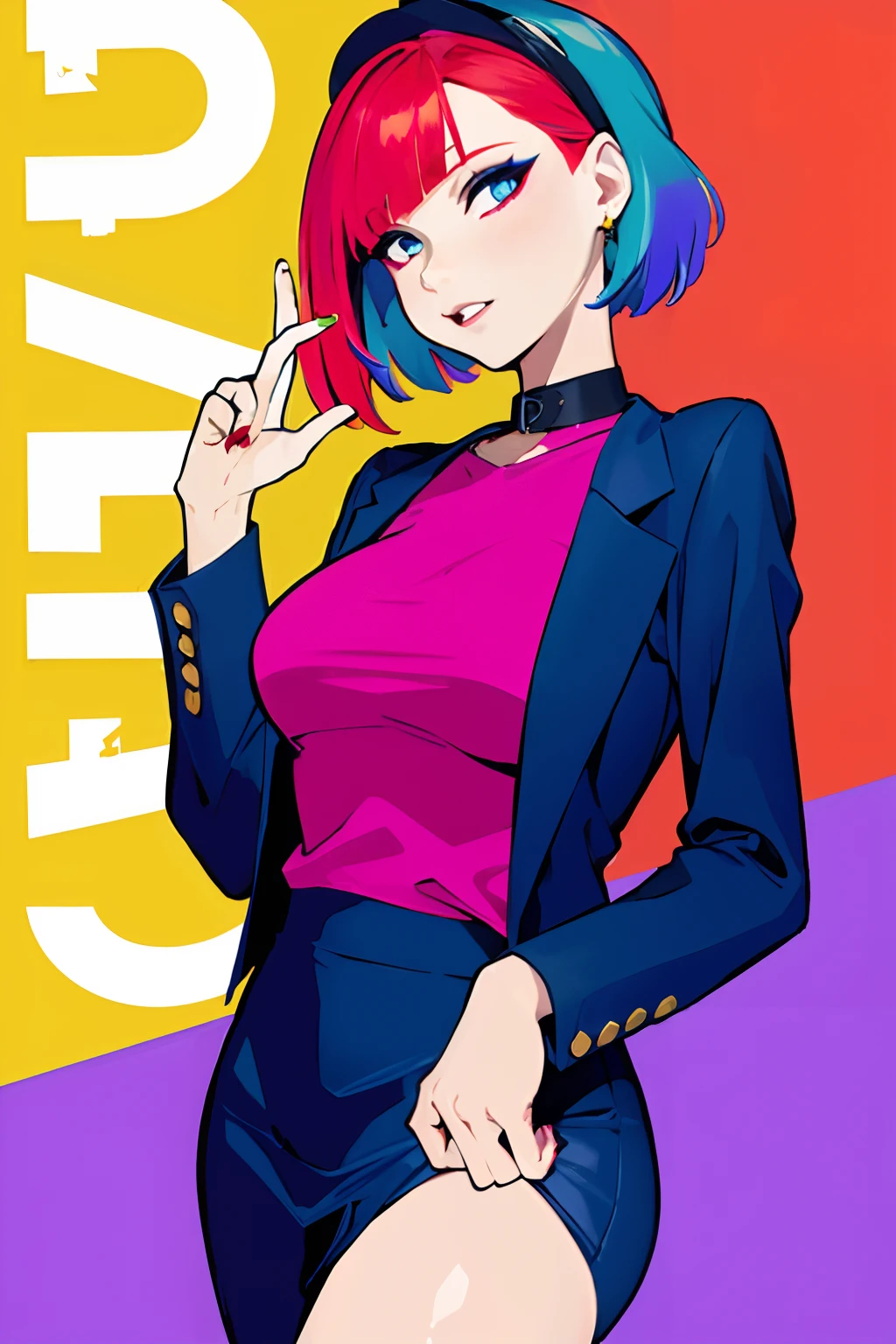 (masterpiece, best quality:1.4), (film poster, cover-style), young woman as the central character, sense of danger and intensity, dark and gritty background, The text is bold and attention-grabbing, color palette is mainly dark with splashes of vibrant colors, fashionable, woman, vibrant, outfit, posing, front, colorful, dynamic, background, elements, confident, expression, majestic, modern, trendy, focus, fashion,