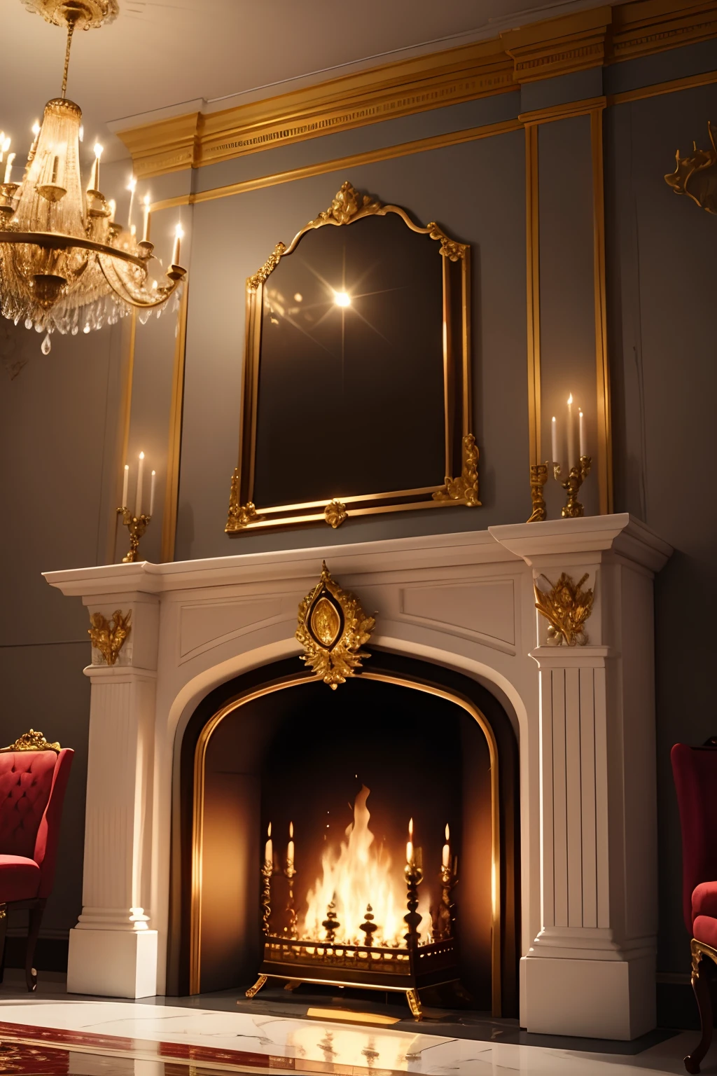 1 gold crown decorated with rubies, diamantes y zafiros, fireplace lighting, castillo imperial