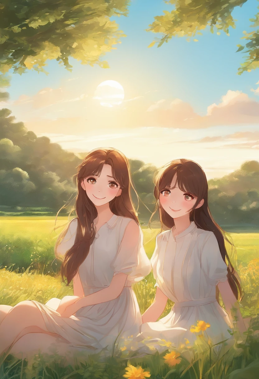 rays of sunshine，grassy fields，Three girls，20-25 years old，cheerful，take hand，Manhwa Style