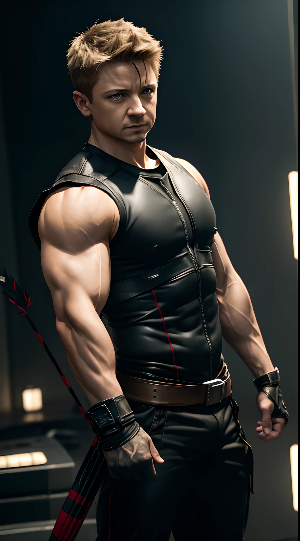 Jeremy Renner is Hawkeye Marvel preparing to shoot an arrow, Bodybuilder, super strong, muscular, ABS, 35mm lens, photography, ultra details, HDR, UHD,8K