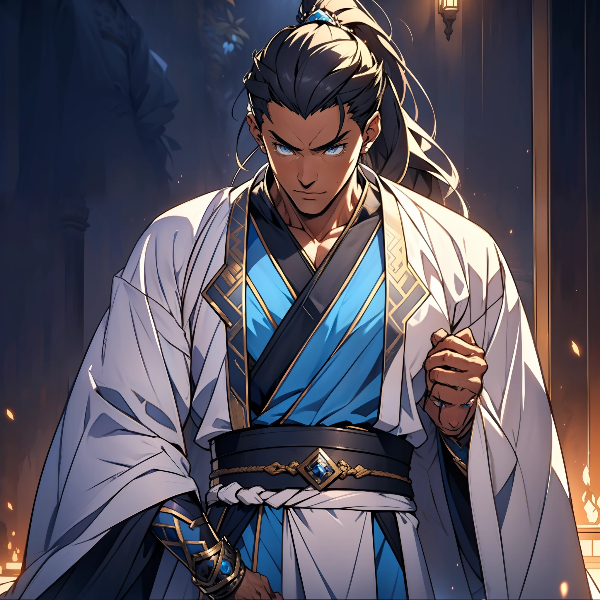 quadratic element,style of anime,mtu(Male Warrior),The proportions are correct,Face details,swordsmen,High ponytail hairstyle,Neck details,There is an Adam's apple,White robe,kaftan,long white robe,clothes details,Handing over,longer sleeves,Game quality,Swordsmanship,Light and shadow tracking,Ray traching,detailed glow,cg render,hair detail,cabelos preto e longos,blue colored eyes,Handsome,Handsome,(juvenile sense),Clothing is complicated,Perfectcomposition,Refinement,high qulity,higher details,Lots of details,The background is complex,a sense of atmosphere,