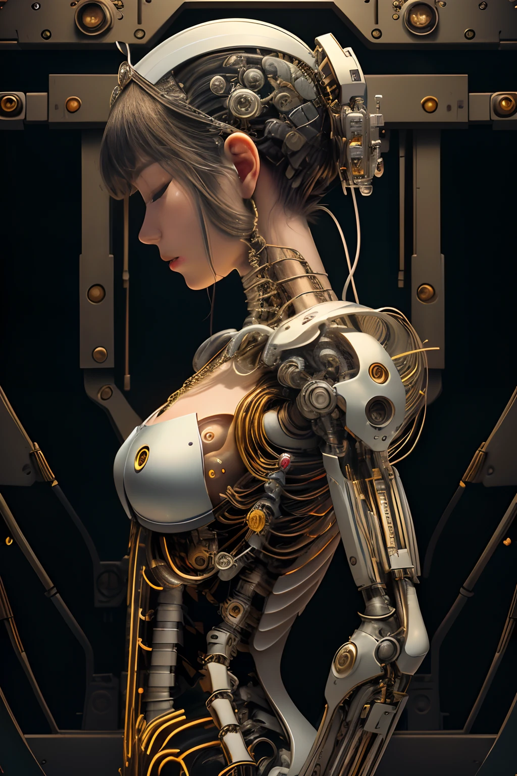 reelmech, maid girl , (((masterpiece))), (((best quality))), ((ultra-detailed)), (highly detailed CG illustration), ((an extremely delicate and beautiful)),(front view),cinematic light,((1mechanical girl)),solo,full body,(machine made joints:1.2),((machanical limbs)),(blood vessels connected to tubes),(mechanical vertebra attaching to back),((mechanical cervial attaching to neck)),(closed eyes),expressionless,(wires and cables attaching to neck:1.2),(wires and cables on head:1.2)(character focus),science fiction,extreme detailed,colorful,highest detailed