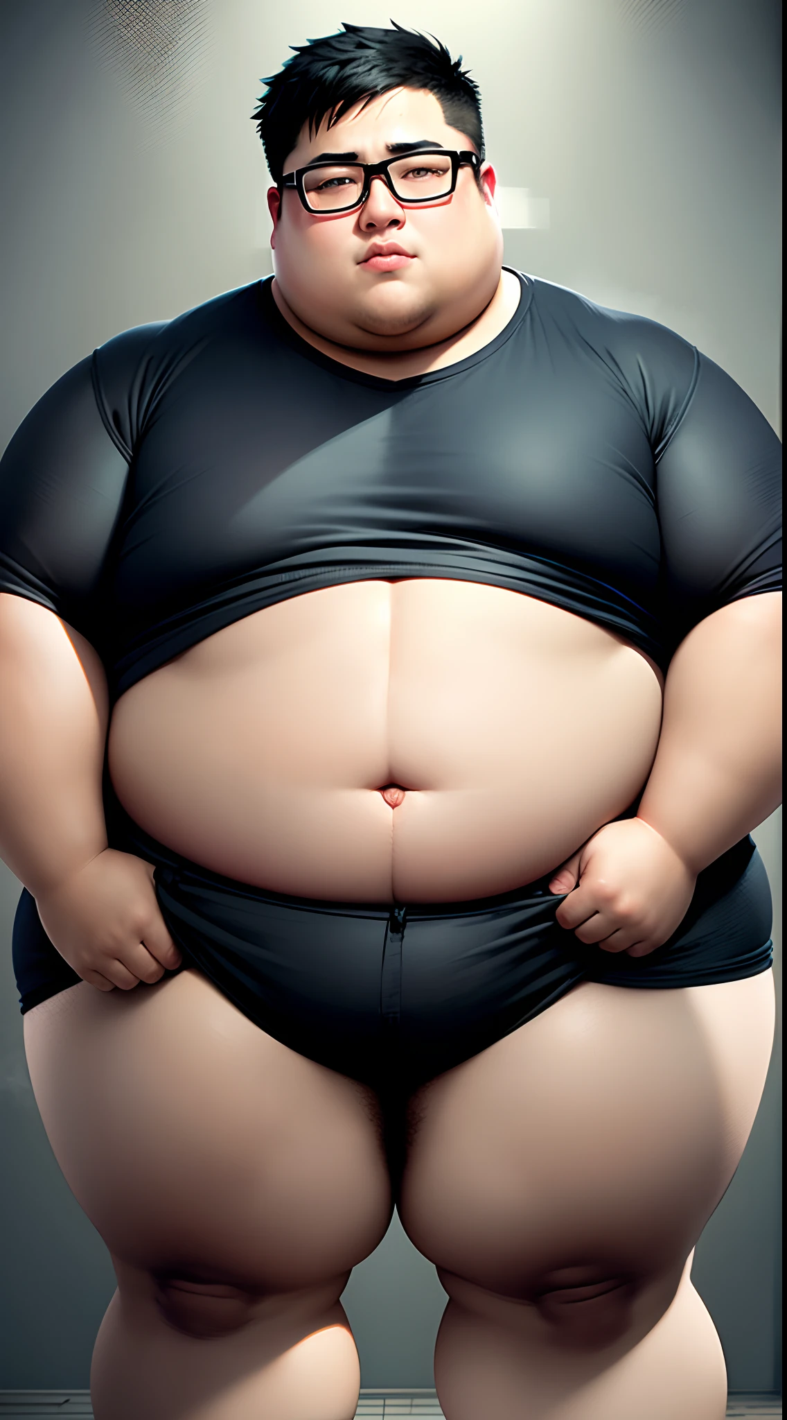 a boy with glasses and straight emo hair, Fat, obese arms, obese stomach, obese legs, double chin, big belly, Fat motionless, morbidly obese, poor health, poor anatomy, gout, super gross proportions, fat, rashes, bad body, morbidly obese, young and very fat man looking at screen