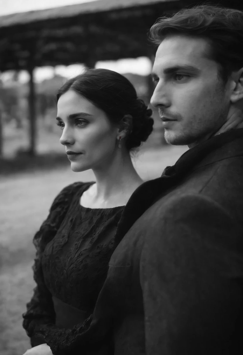 Um casal jovem, com olhares assustados, the racing heart revealing the fear on their faces. The atmosphere is gloomy, com sombras se estendendo ao seu redor. The atmosphere is tense, as if something terrible had happened. The image is captured in black and white, com contrastes intensos, adding a sense of suspense and mystery. The camera, uma DSLR, is set up with a wide aperture to blur the background and bring full focus on the couple.