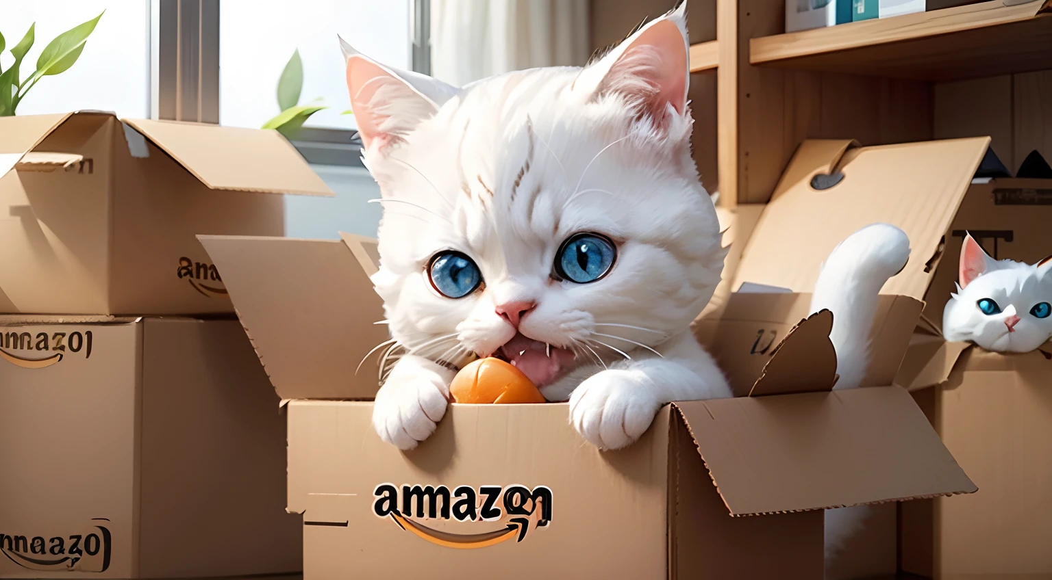 Amazon Logo、cardboard、Bite、Clenching with your teeth、eats、gnaw、Realistic White Cat、One Cat、A little narrowed and cute
