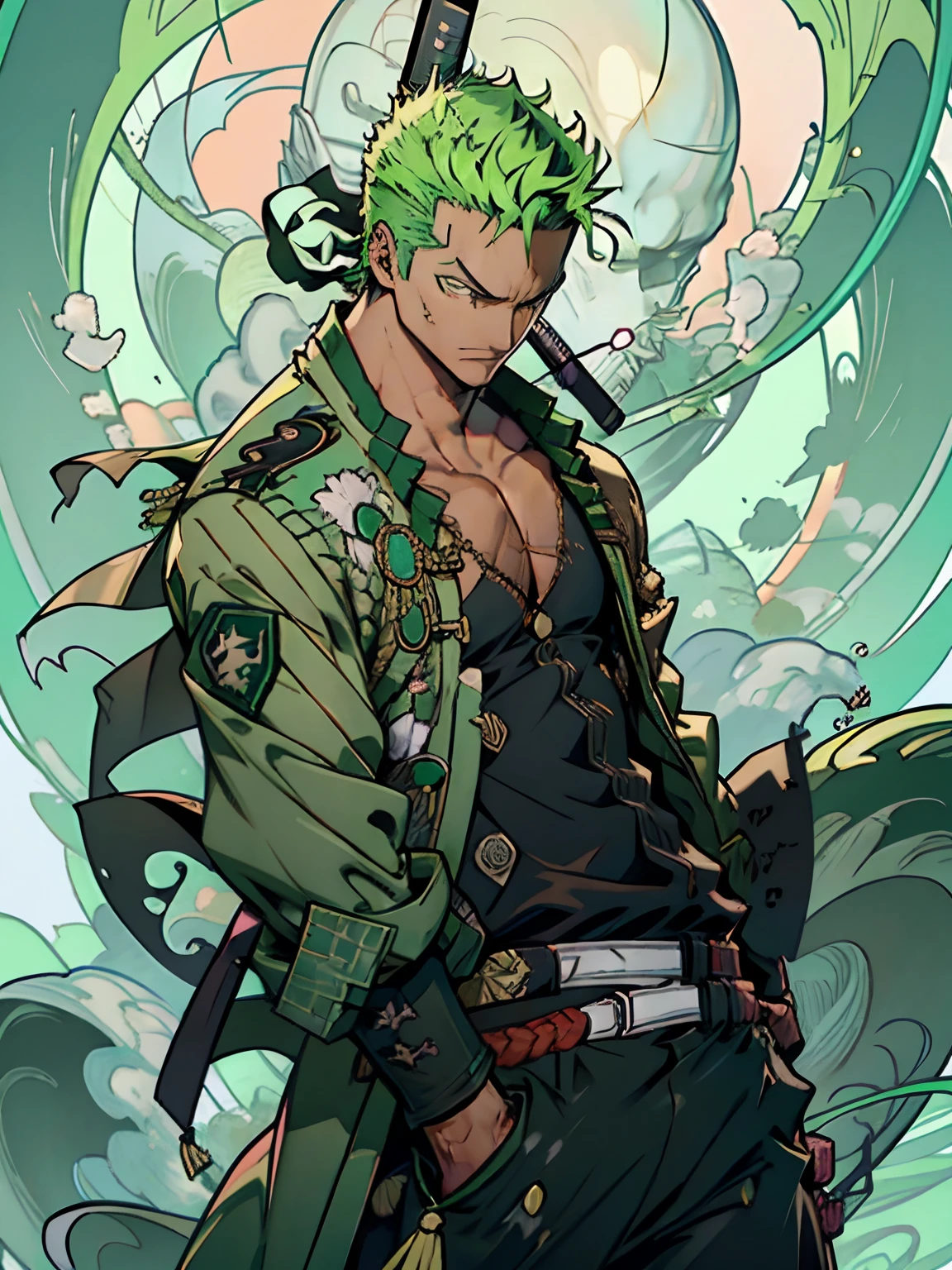 rORONOA Zoro DO ANIME "(ONE PEACE",) sozinho, Olhando para o Viewer, short GREEN  hair, mangas compridas, *********, GREEN PIRATE suit jacket, parte superior do corpo, arma, Foco masculino, Roupas japonesas, cabelos verdes, wHater, WAVES, de lado, cicatriz NO OLHO ESQUERDO, bainha, cicatriz no rosto, Embainhados, (slicked back GREEN  hair)